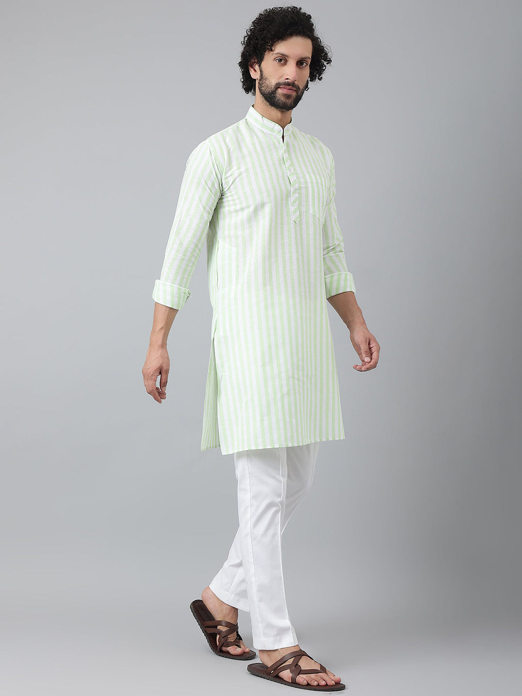 RIAG Green Color Long Sleeves Ethnic Men's Cotton Long Kurta