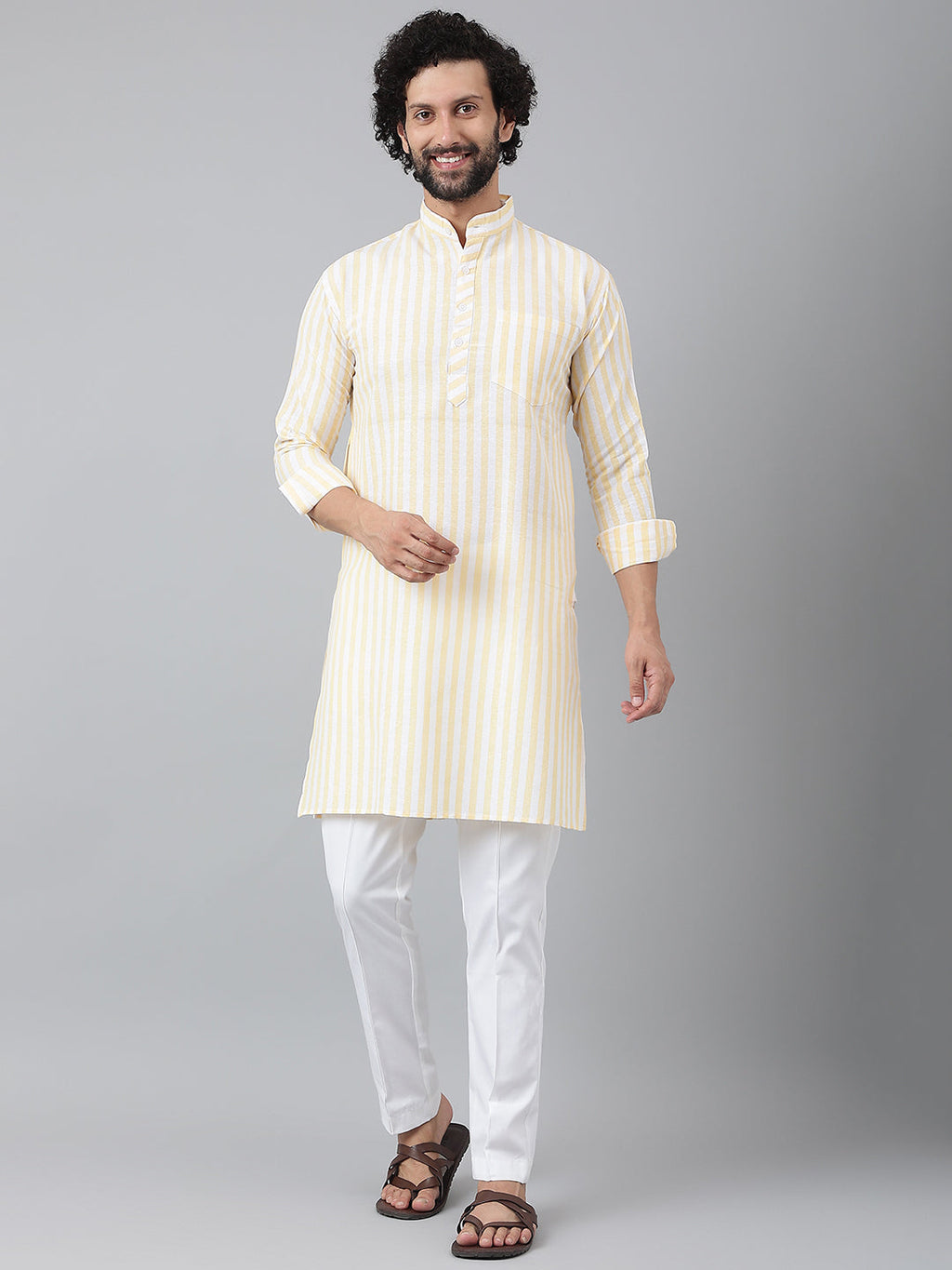 RIAG Beige Color Long Sleeves Ethnic Men's Cotton Long Kurta