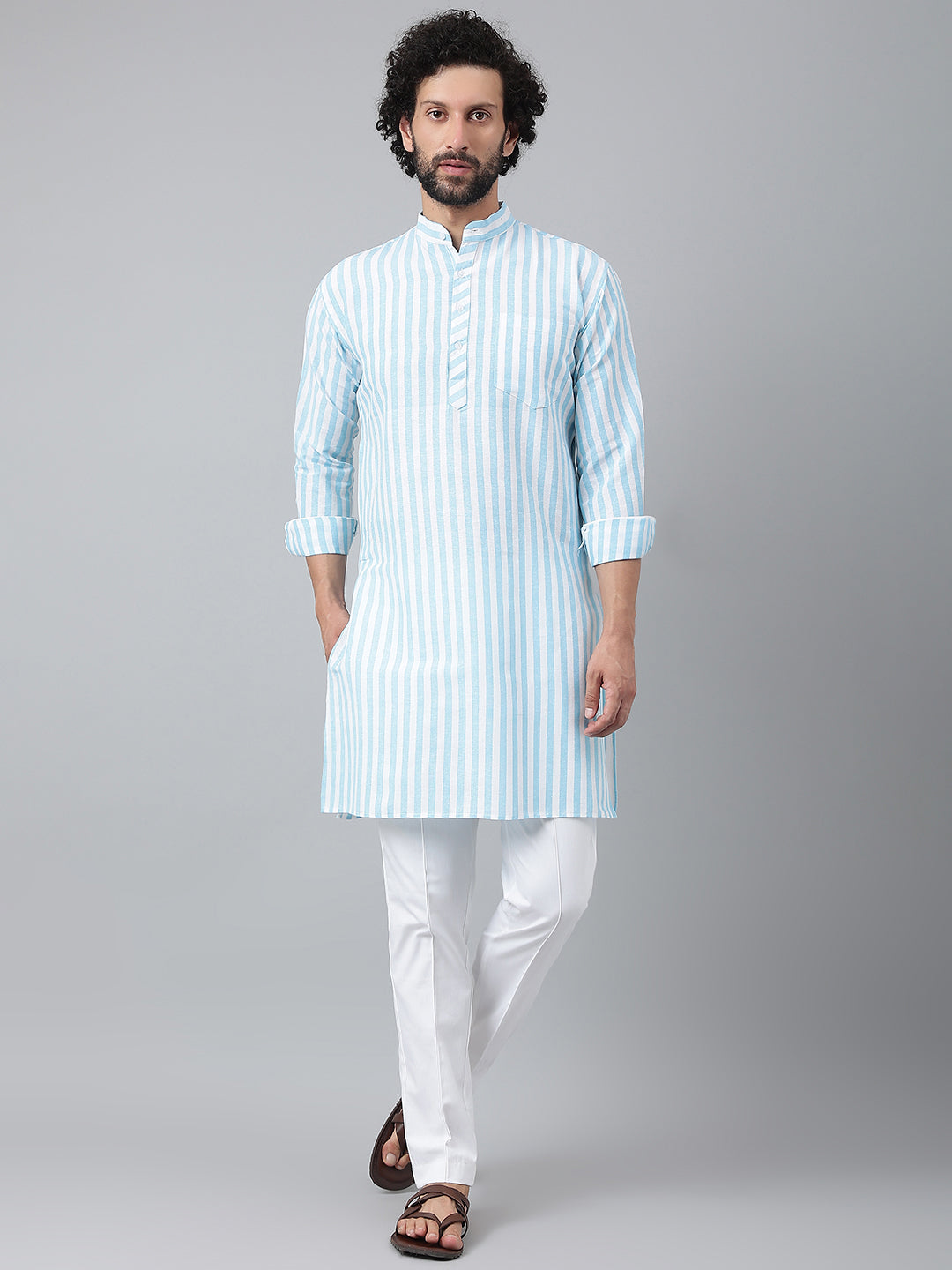 RIAG Blue Color Long Sleeves Ethnic Men's Cotton Long Kurta
