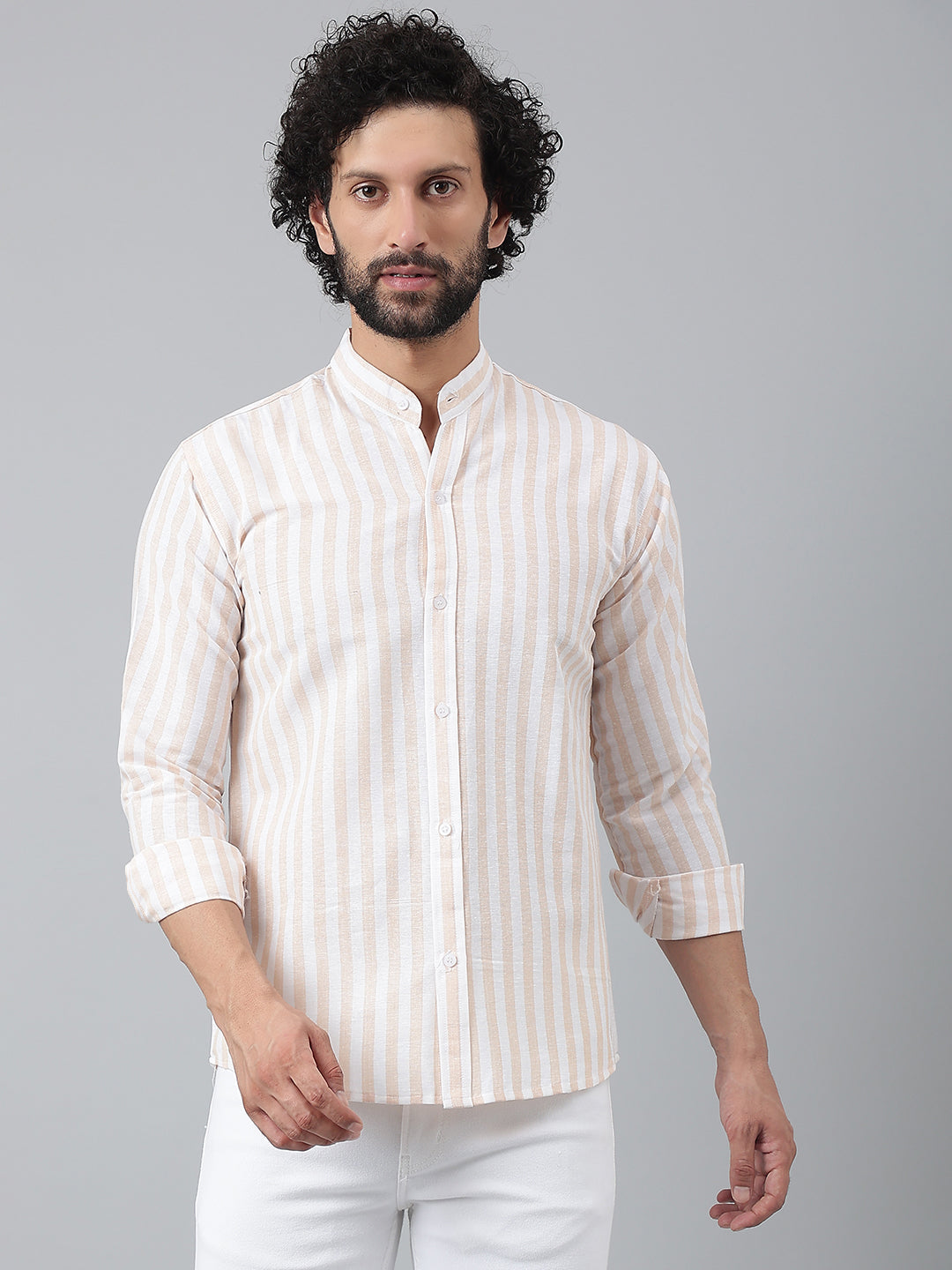 RIAG Beige Men's Chinese Collar Full Sleeves Shirt