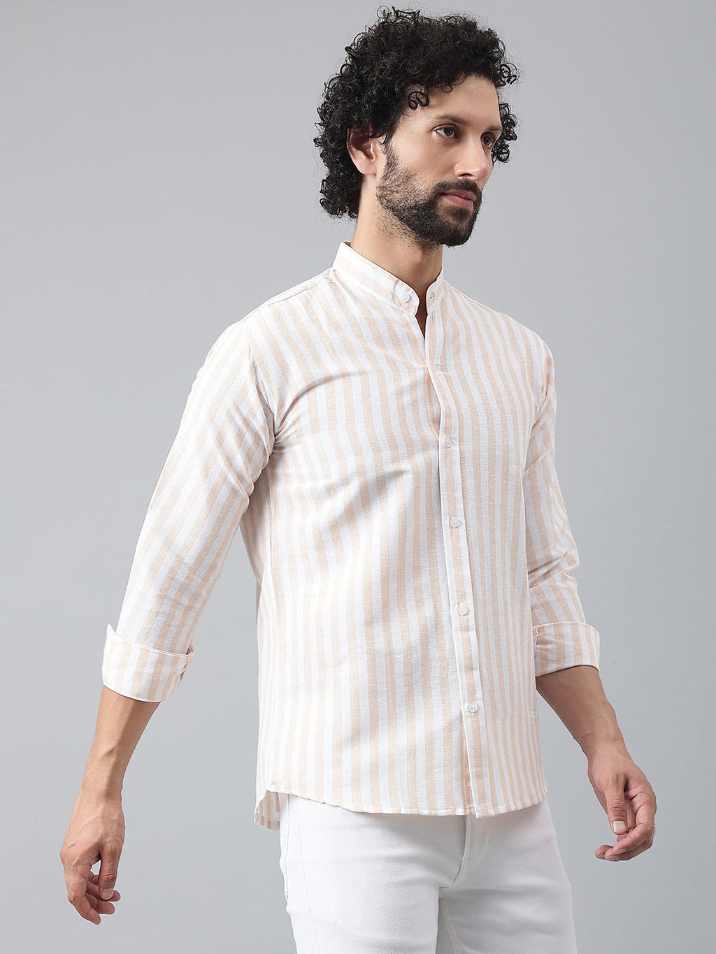 RIAG Beige Men's Chinese Collar Full Sleeves Shirt