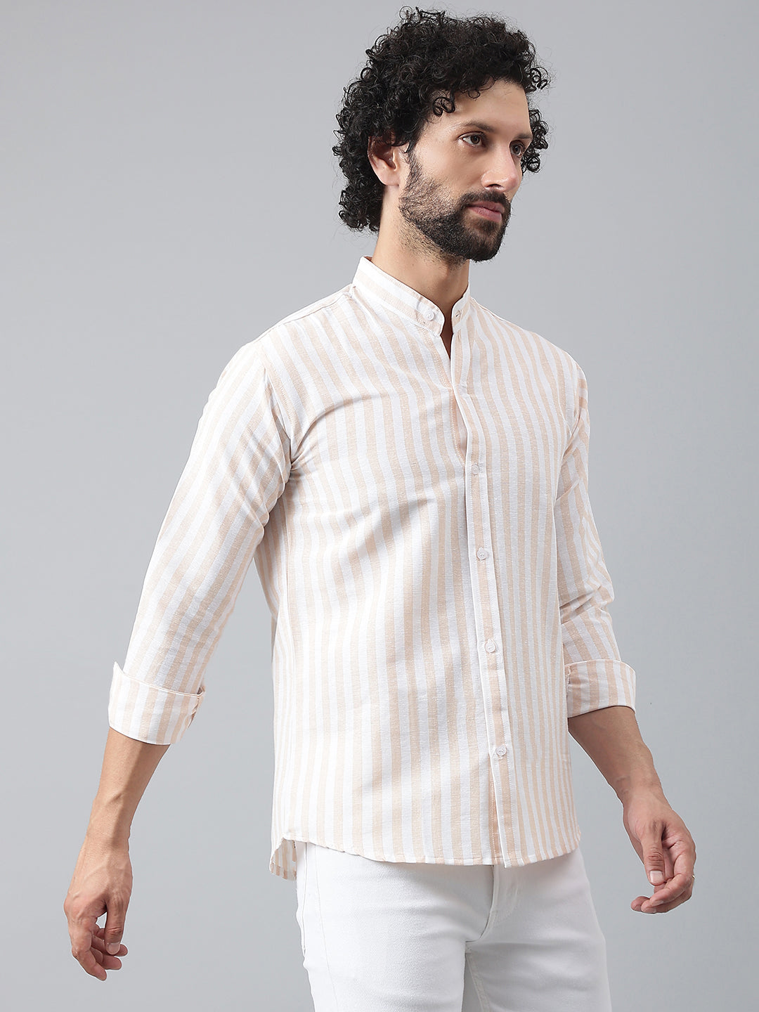 RIAG Beige Men's Chinese Collar Full Sleeves Shirt