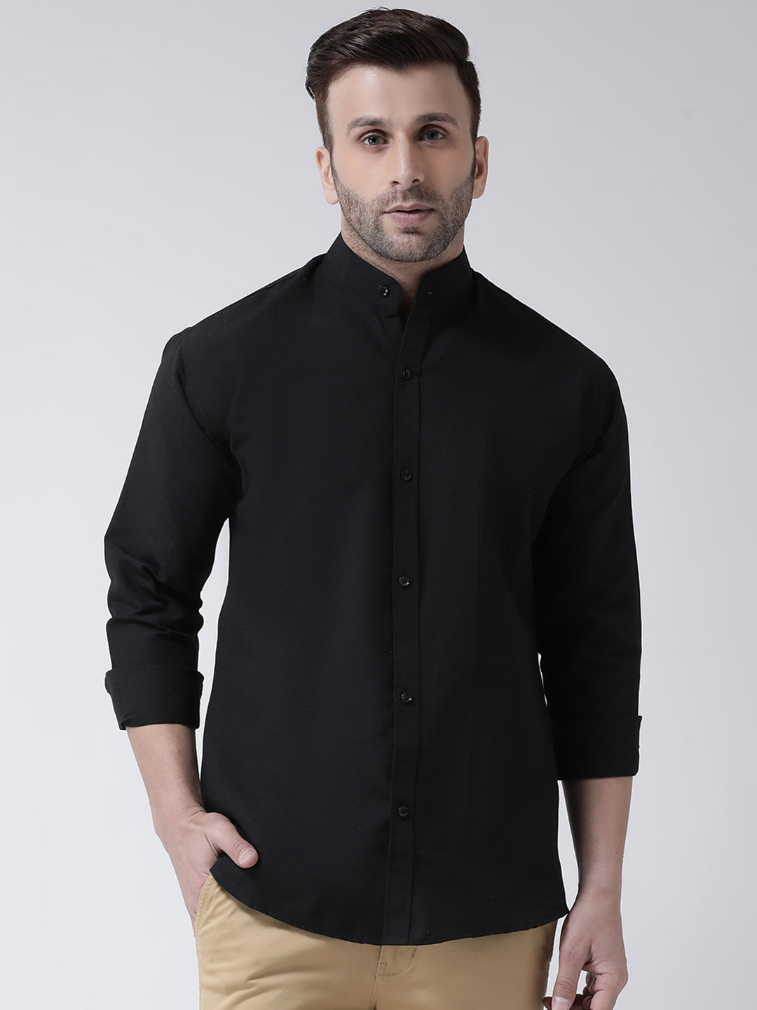 RIAG Black Men's Chinese Collar Full Sleeves Shirt