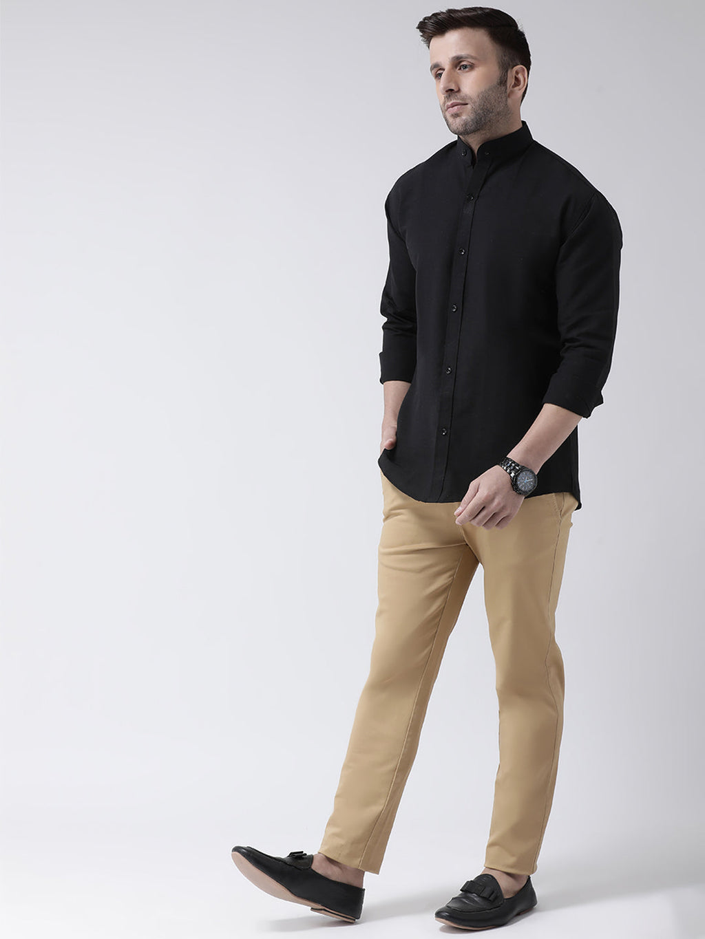 RIAG Black Men's Chinese Collar Full Sleeves Shirt
