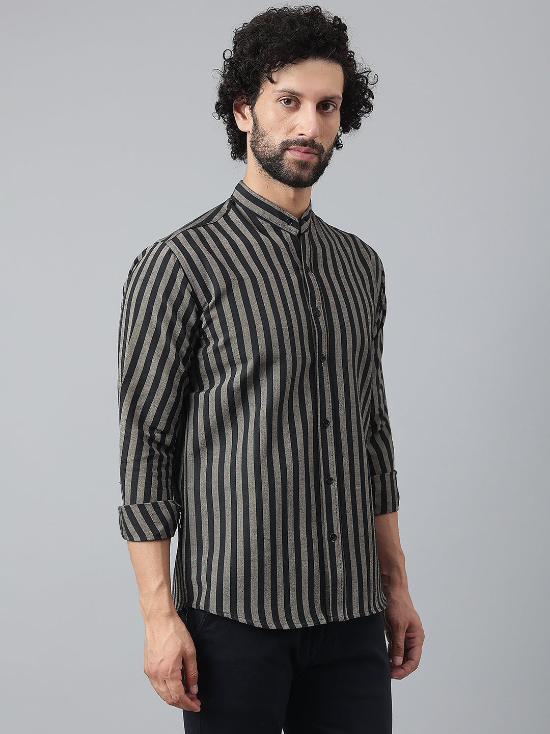RIAG Black Men's Chinese Collar Full Sleeves Shirt
