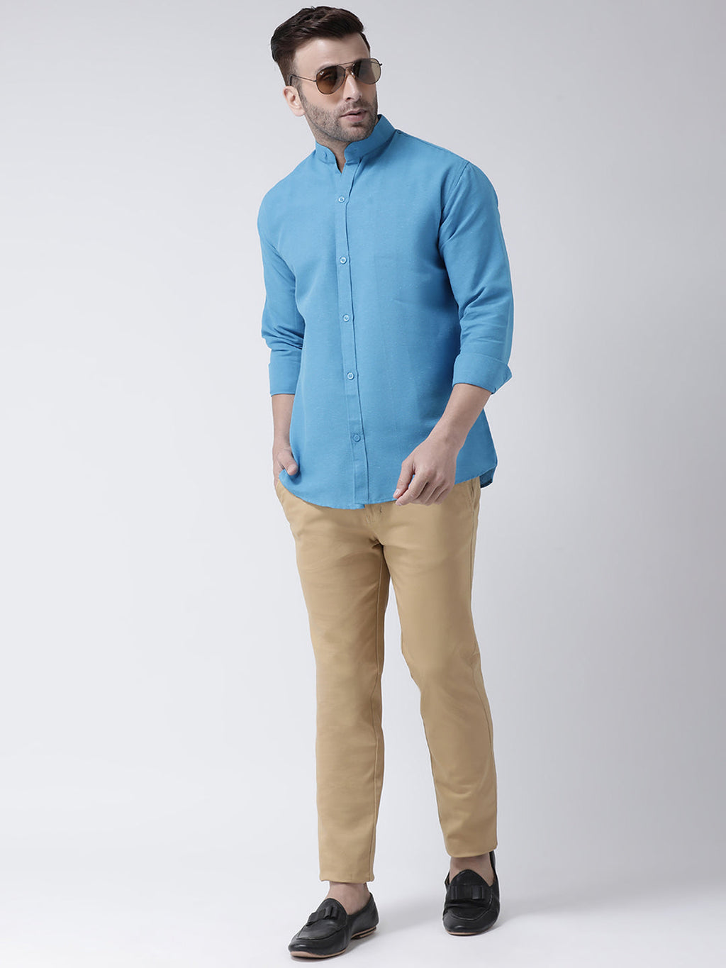 RIAG Firozi Blue Men's Chinese Collar Full Sleeves Shirt