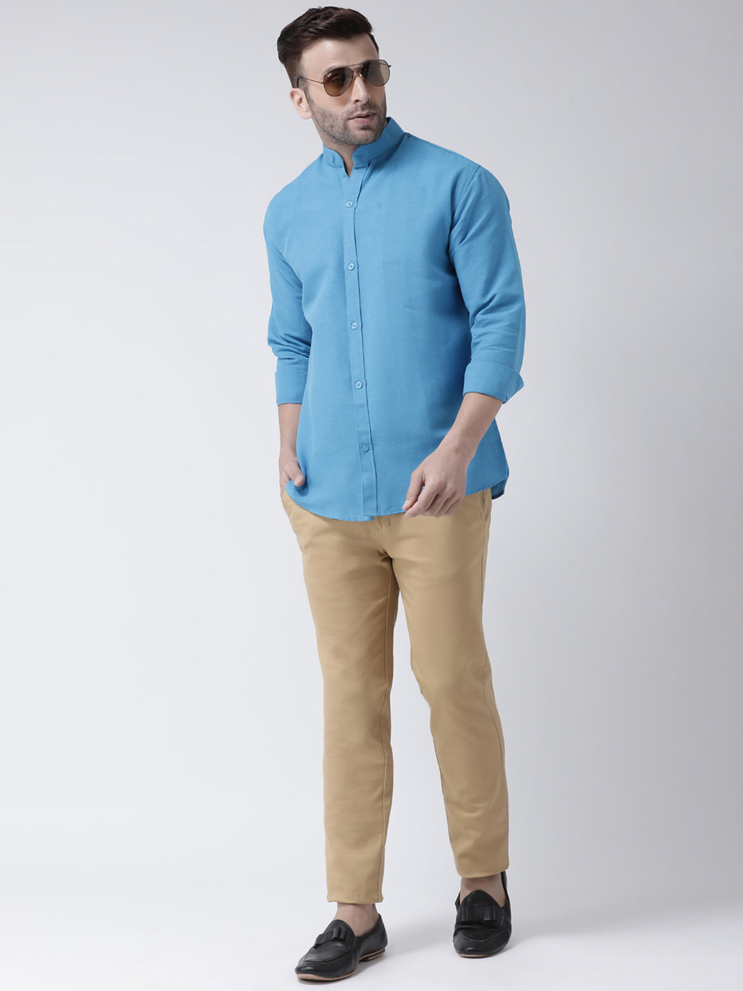 RIAG Firozi Blue Men's Chinese Collar Full Sleeves Shirt