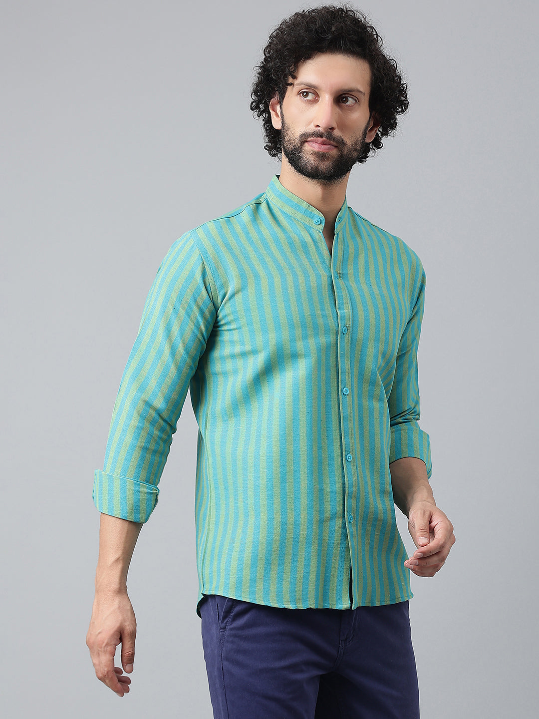 RIAG Blue Men's Chinese Collar Full Sleeves Shirt