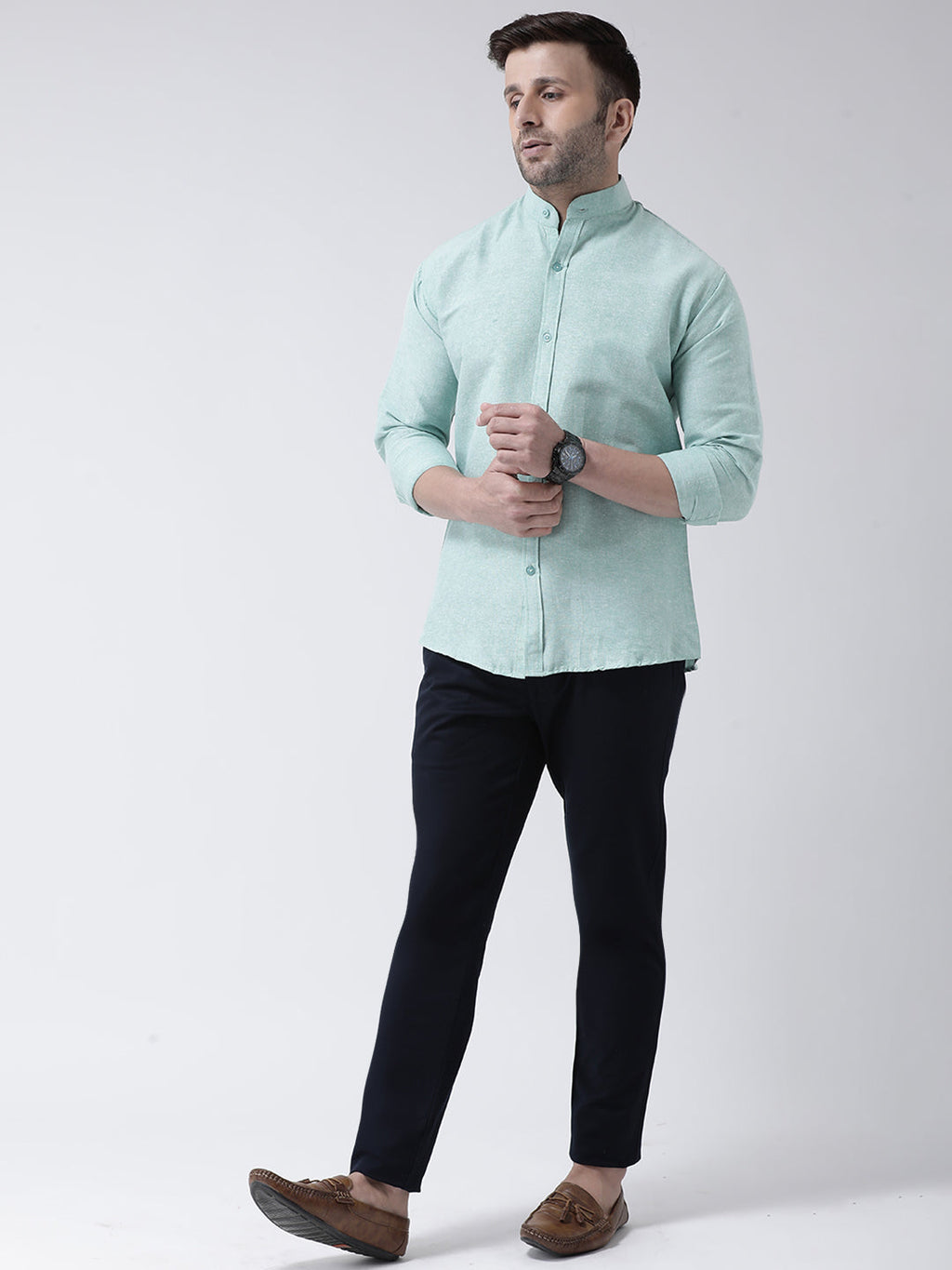 RIAG Green Men's Chinese Collar Full Sleeves Shirt