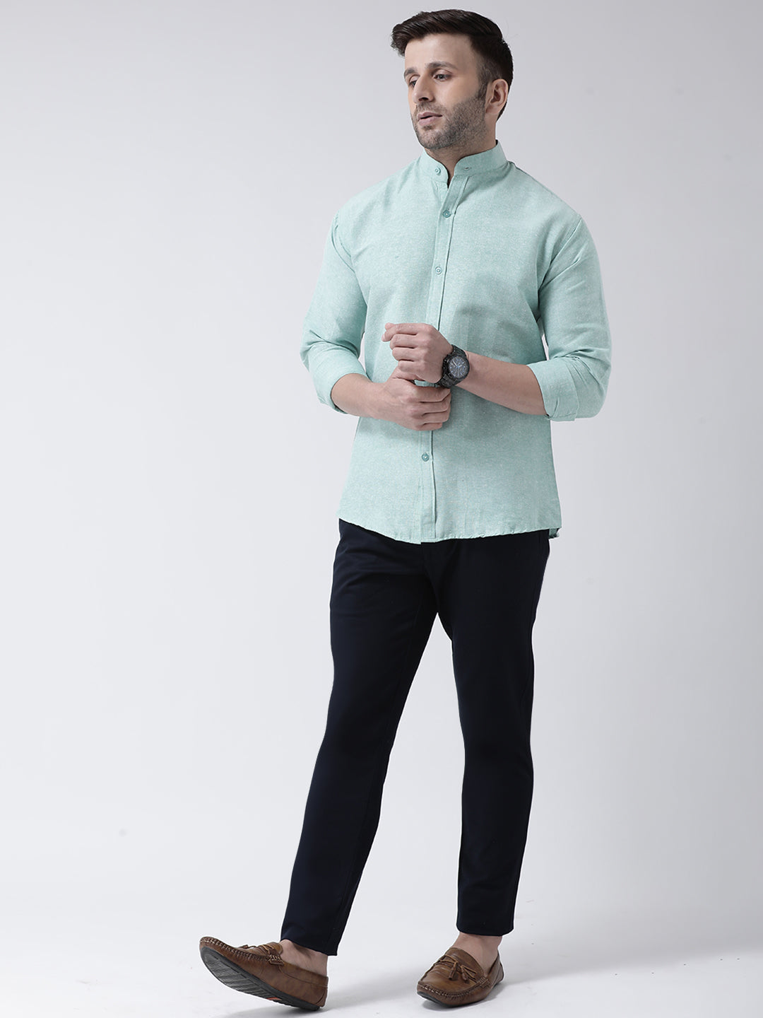 RIAG Green Men's Chinese Collar Full Sleeves Shirt