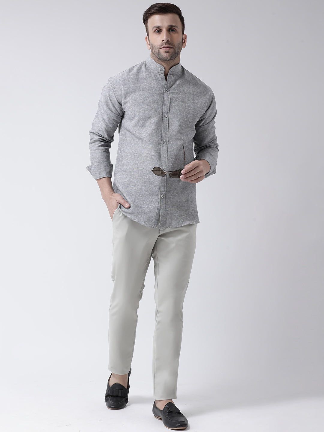 RIAG Grey Men's Chinese Collar Full Sleeves Shirt
