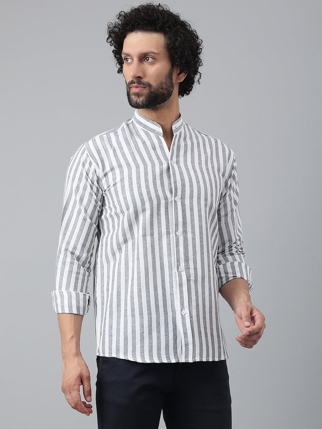 RIAG Grey Men's Chinese Collar Full Sleeves Shirt