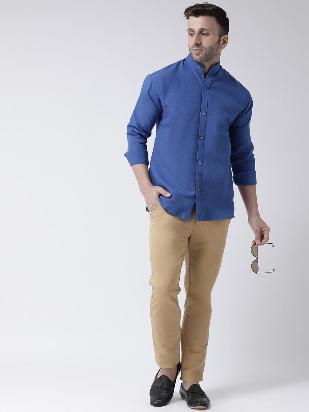RIAG Navy Blue Men's Chinese Collar Full Sleeves Shirt