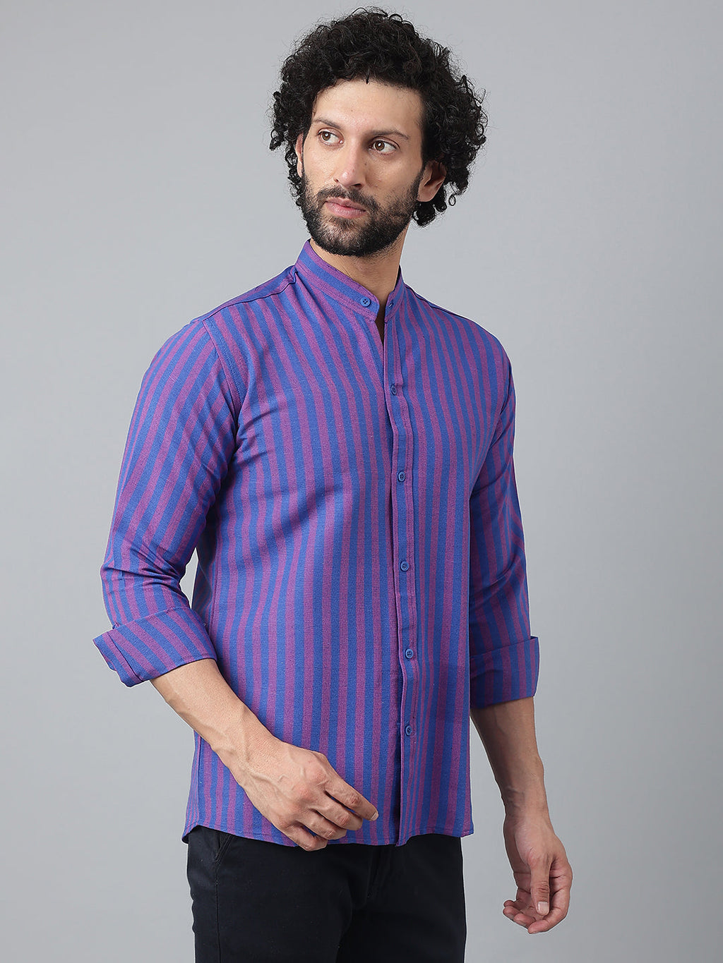 RIAG Blue Men's Chinese Collar Full Sleeves Shirt