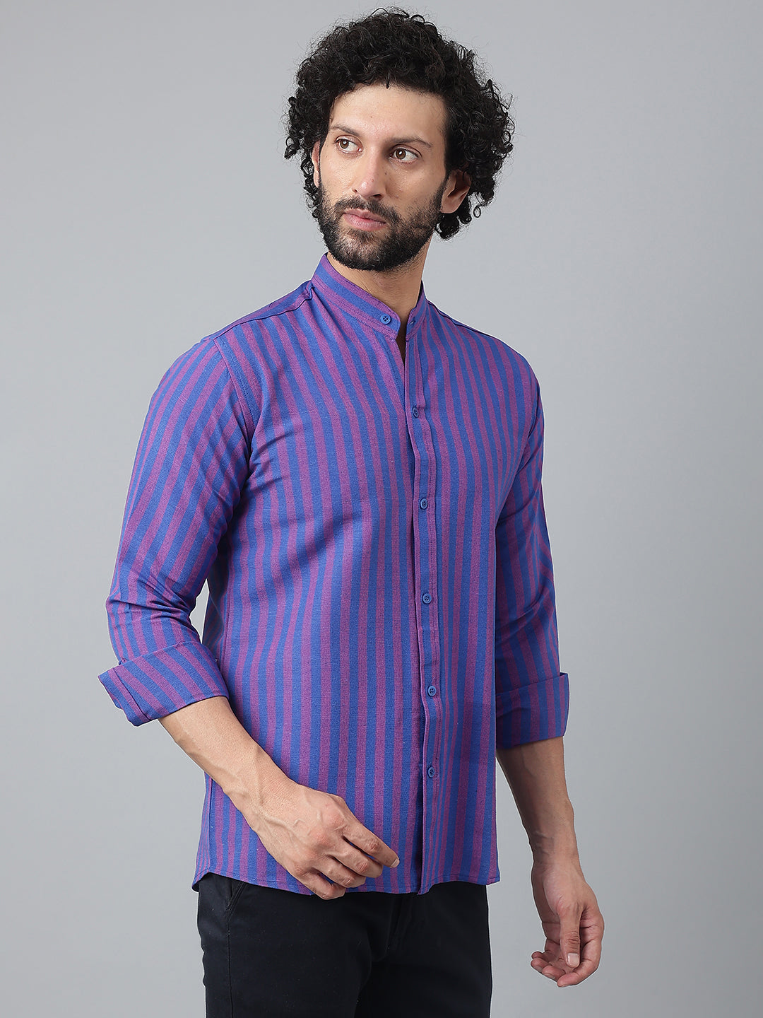RIAG Blue Men's Chinese Collar Full Sleeves Shirt