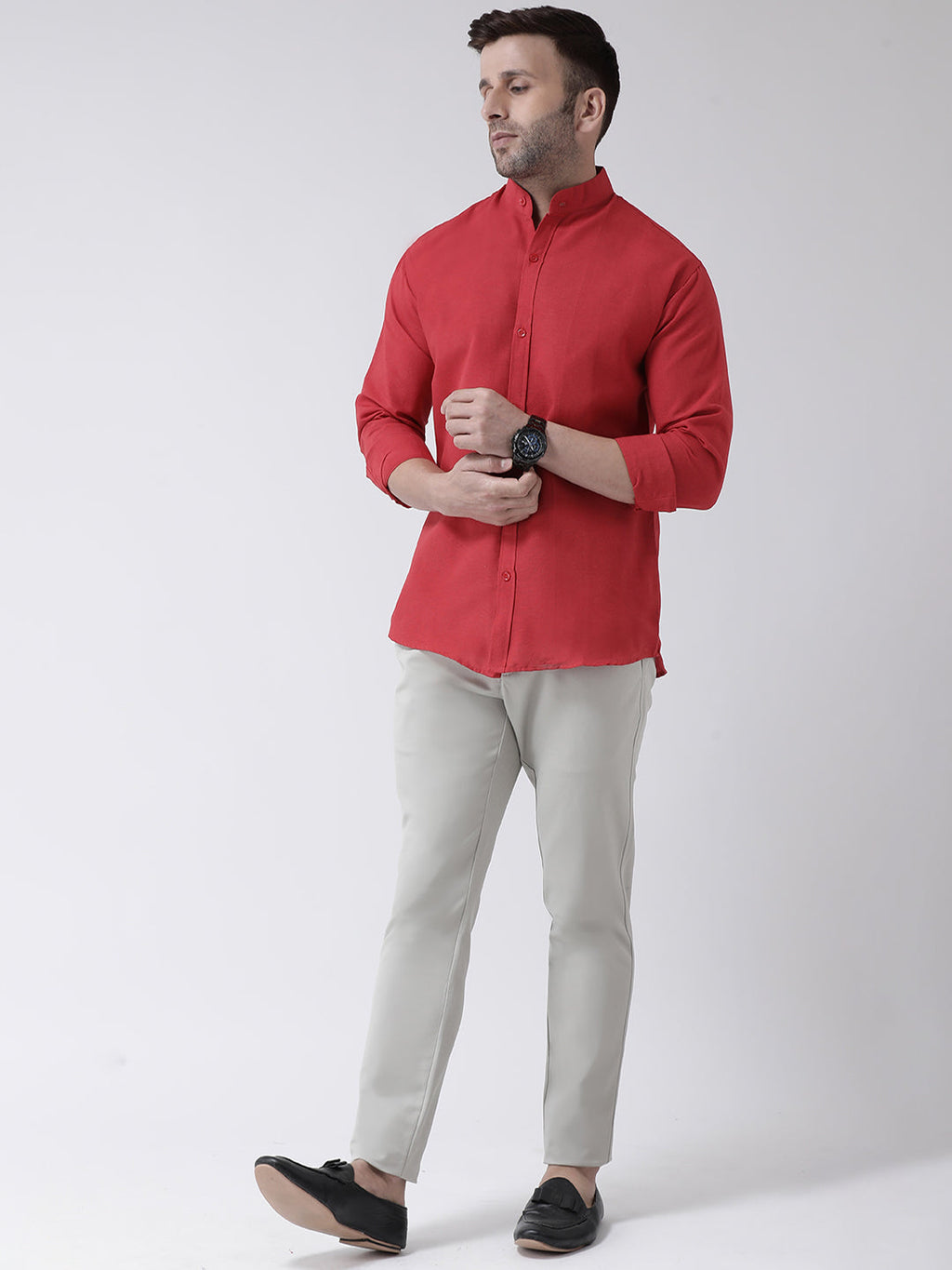 RIAG Red Men's Chinese Collar Full Sleeves Shirt