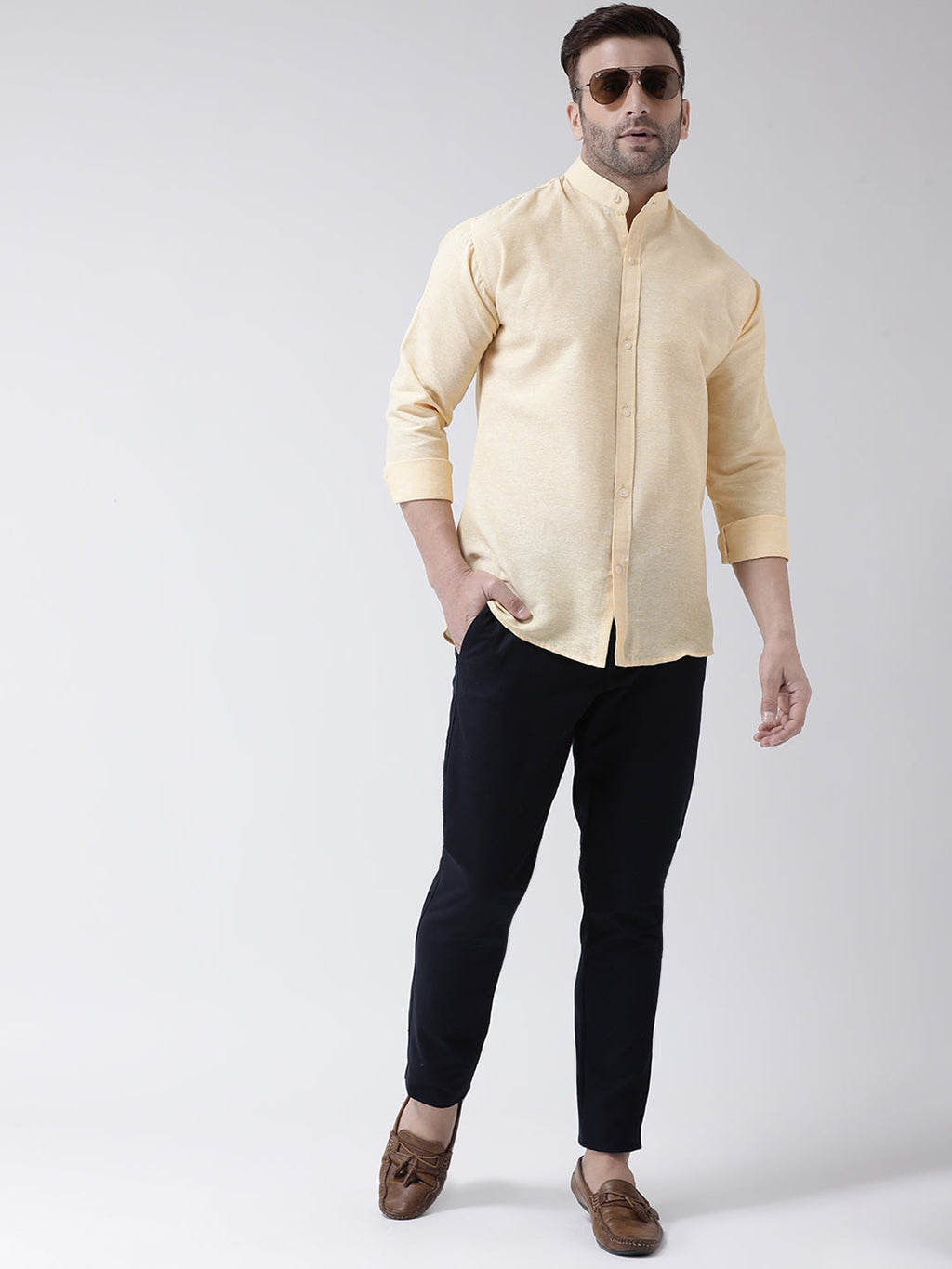 RIAG Beige Men's Chinese Collar Full Sleeves Shirt