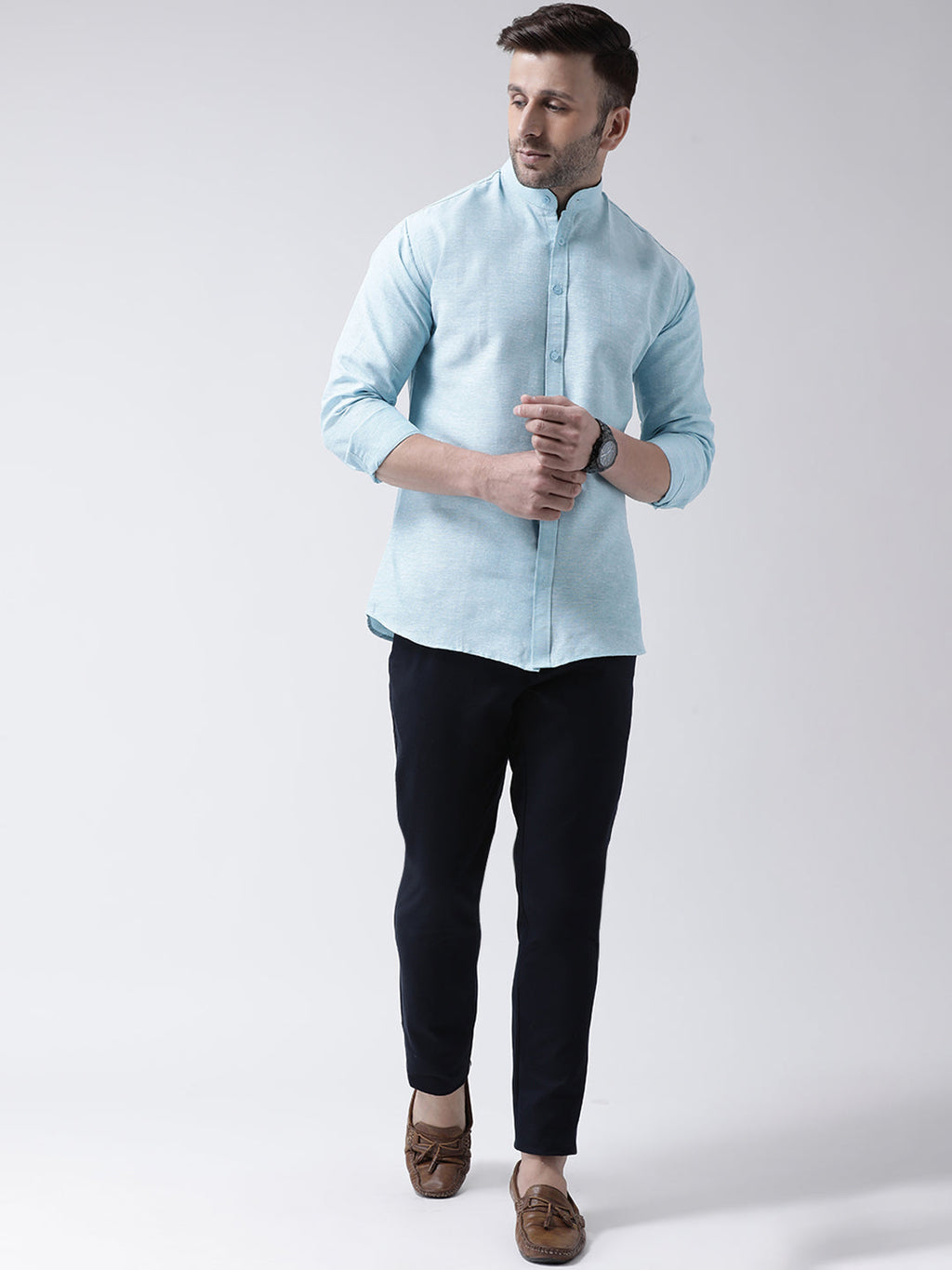 RIAG Sky Blue Men's Chinese Collar Full Sleeves Shirt