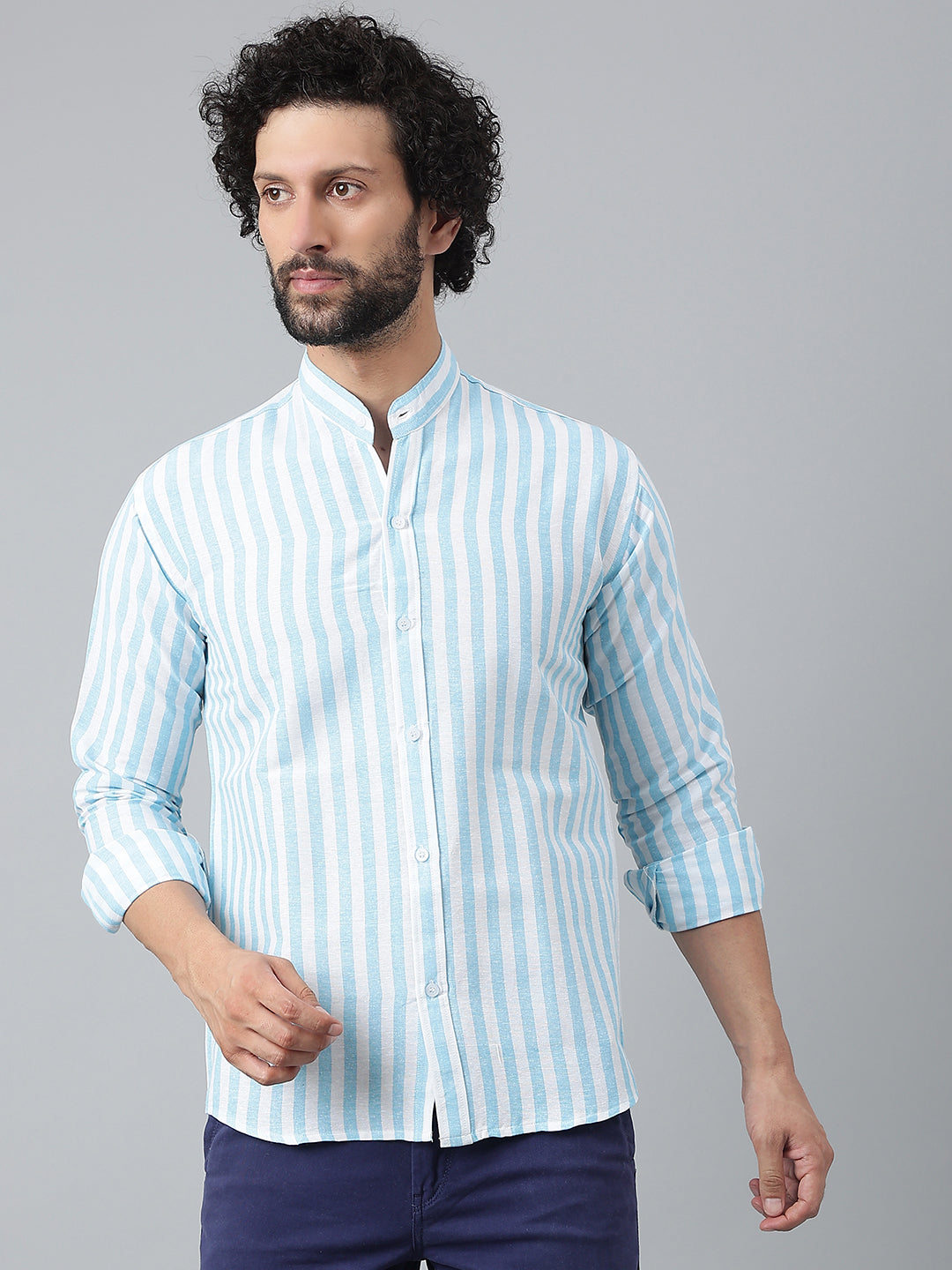 RIAG Blue Men's Chinese Collar Full Sleeves Shirt