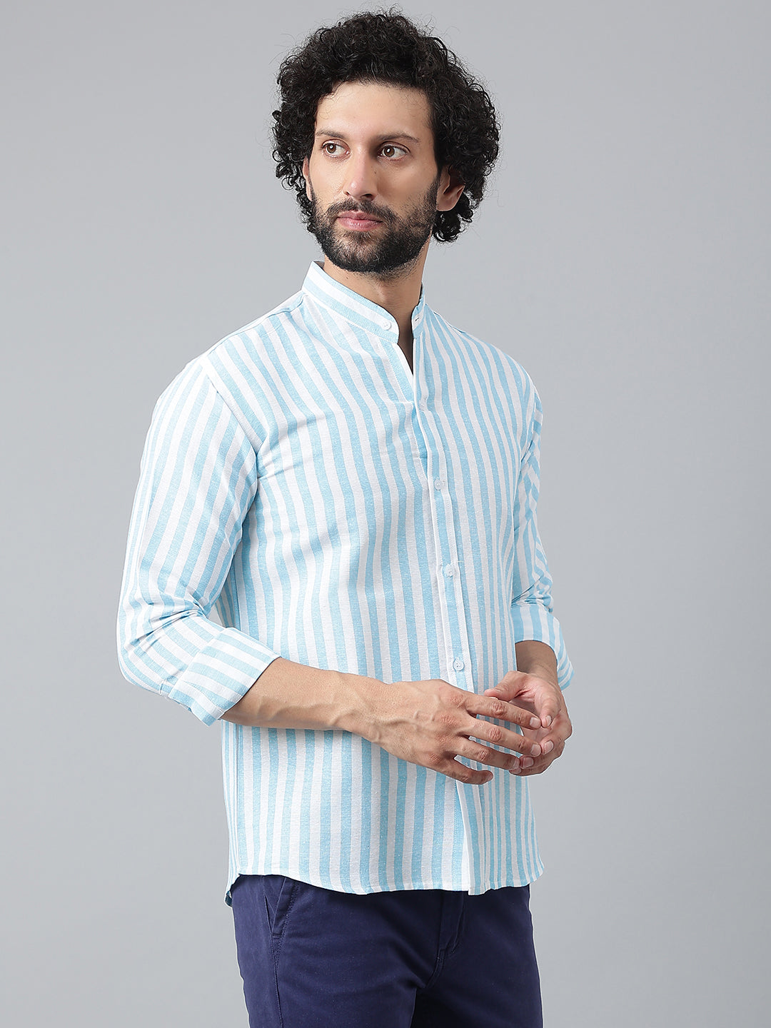 RIAG Blue Men's Chinese Collar Full Sleeves Shirt