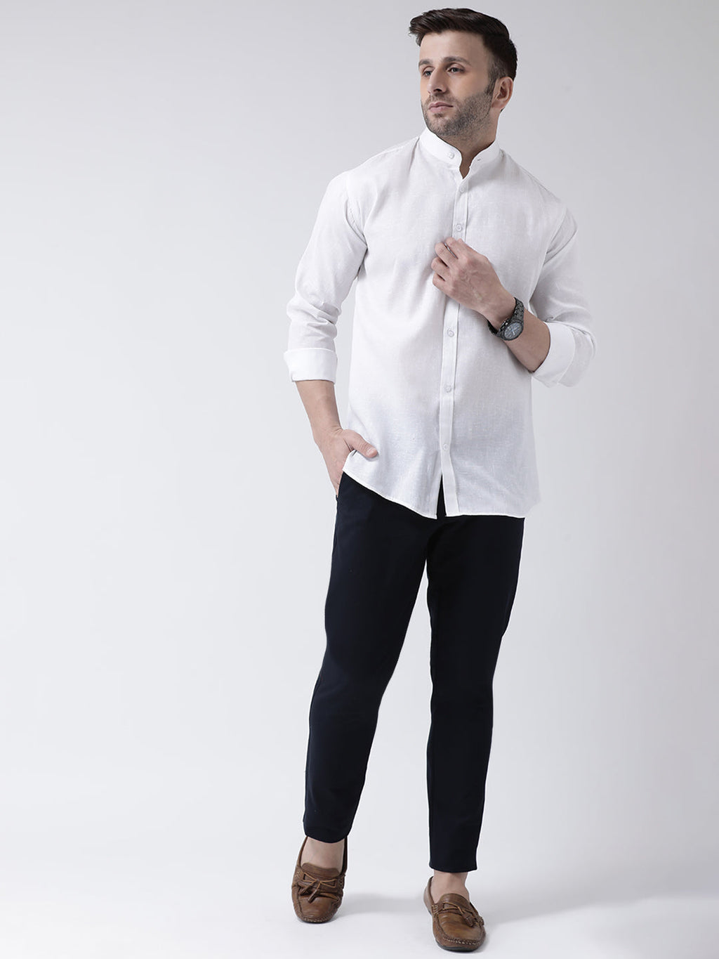 RIAG White Men's Chinese Collar Full Sleeves Shirt