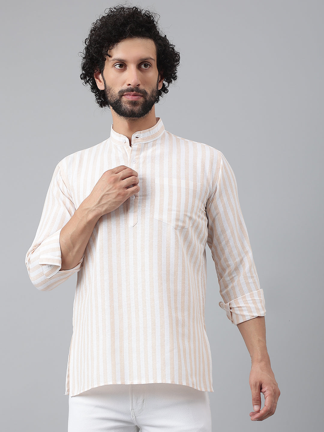 RIAG Beige Color Long Sleeves Casual Men's Cotton Short Kurta