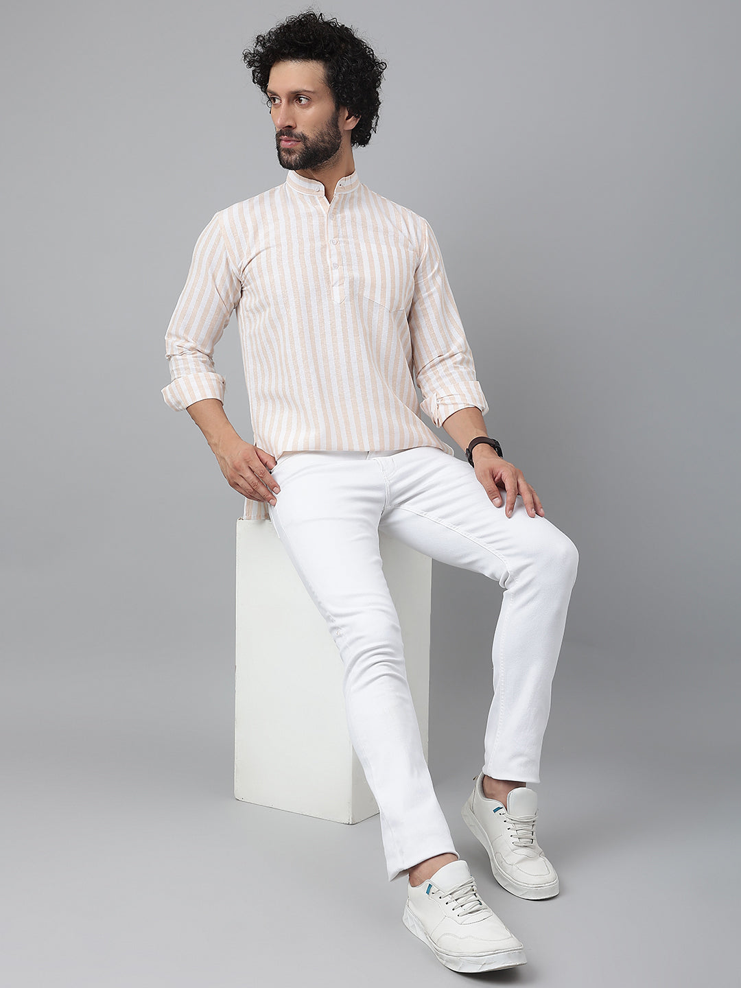 RIAG Beige Color Long Sleeves Casual Men's Cotton Short Kurta