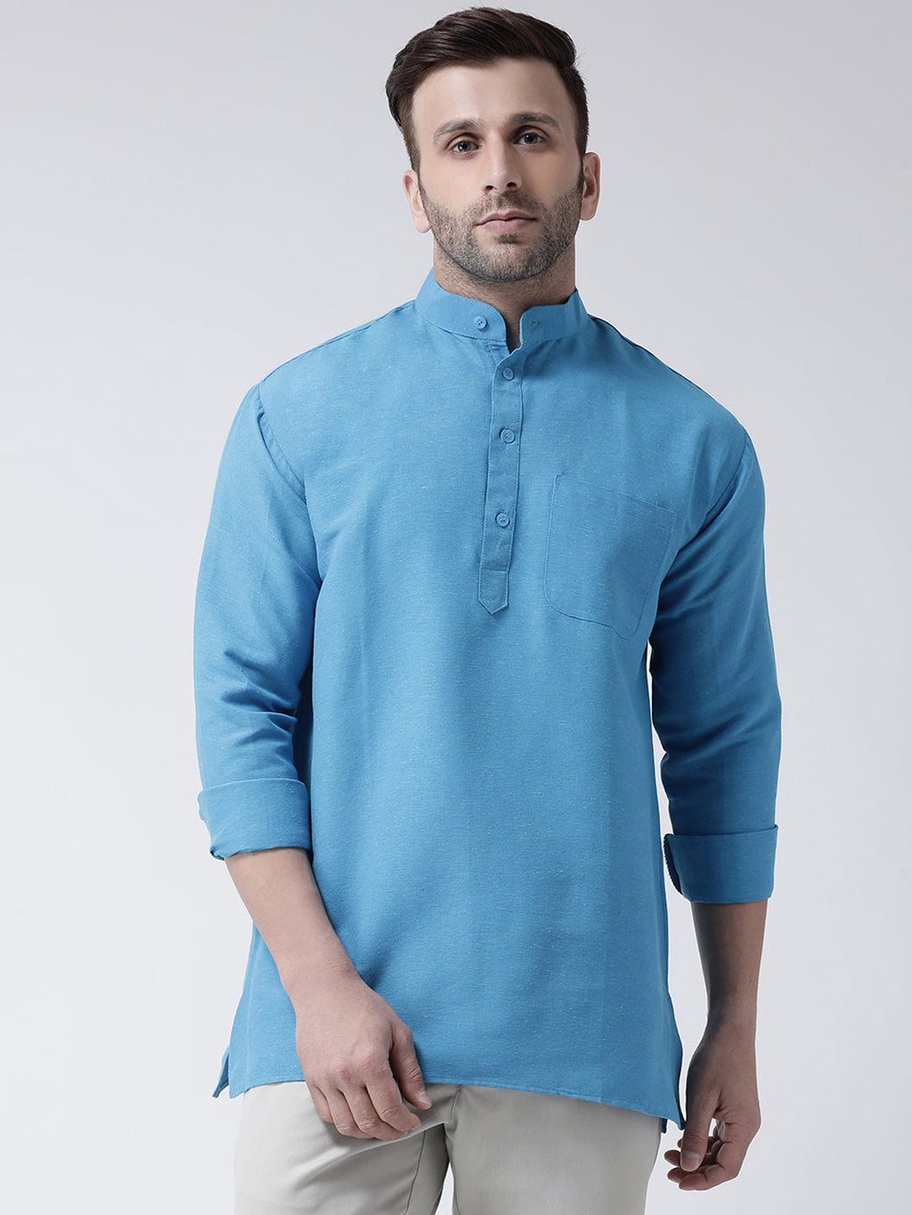 RIAG Blue Color Long Sleeves Men's Cotton Short Kurta