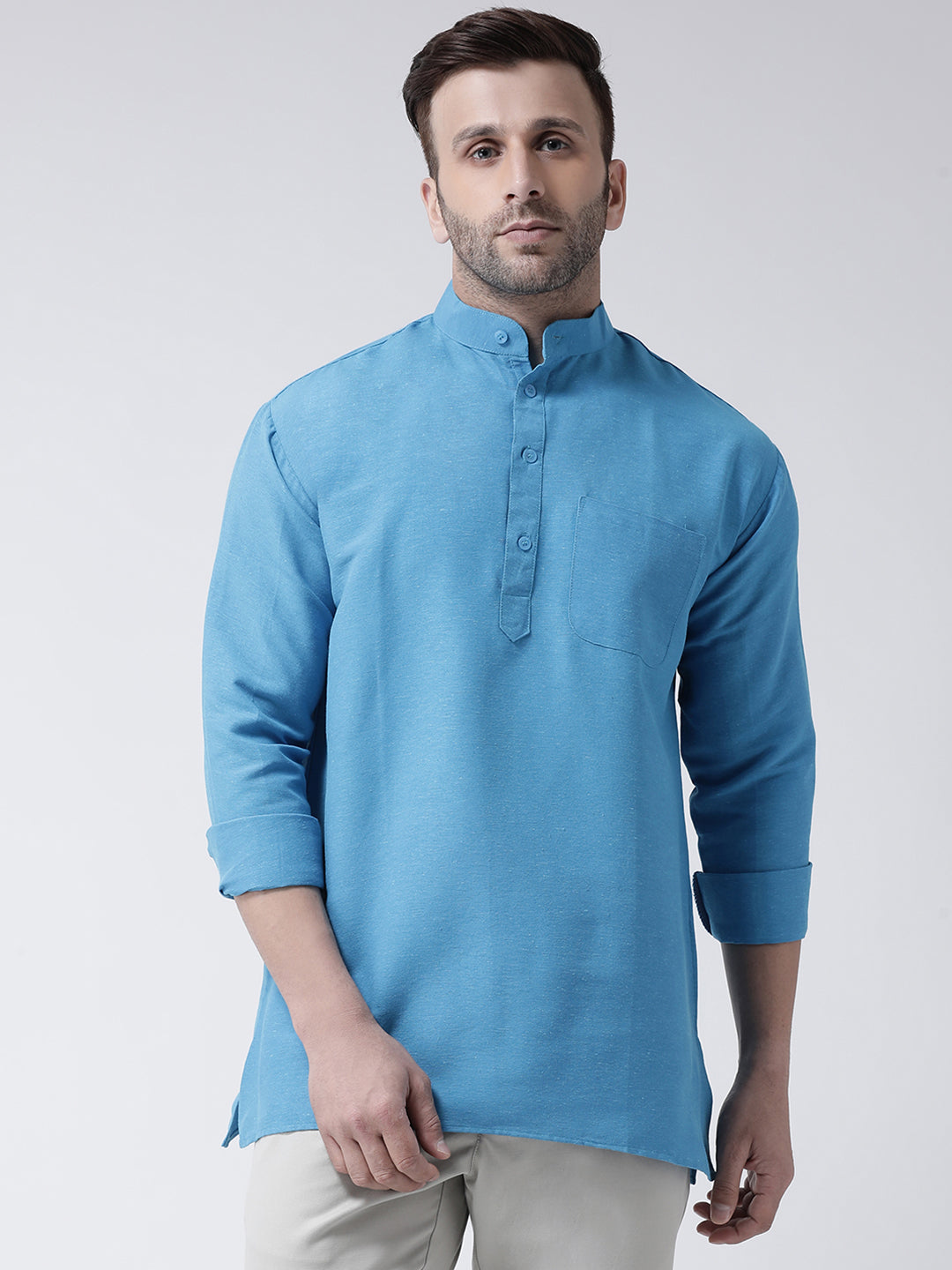 RIAG Blue Color Long Sleeves Men's Cotton Short Kurta