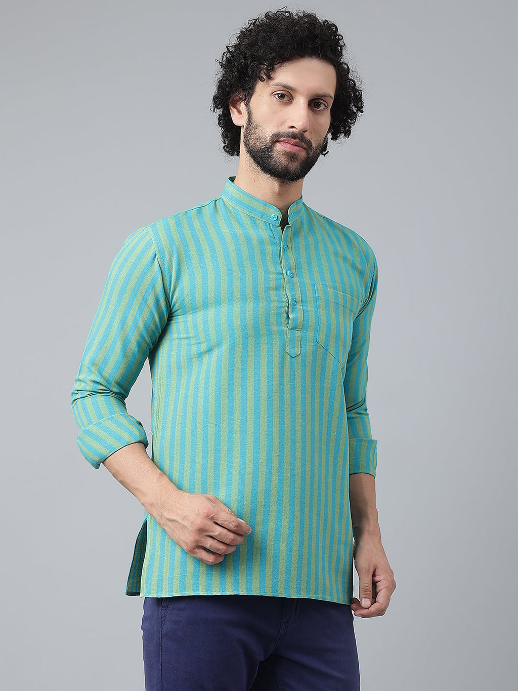 RIAG Blue Color Long Sleeves Casual Men's Cotton Short Kurta