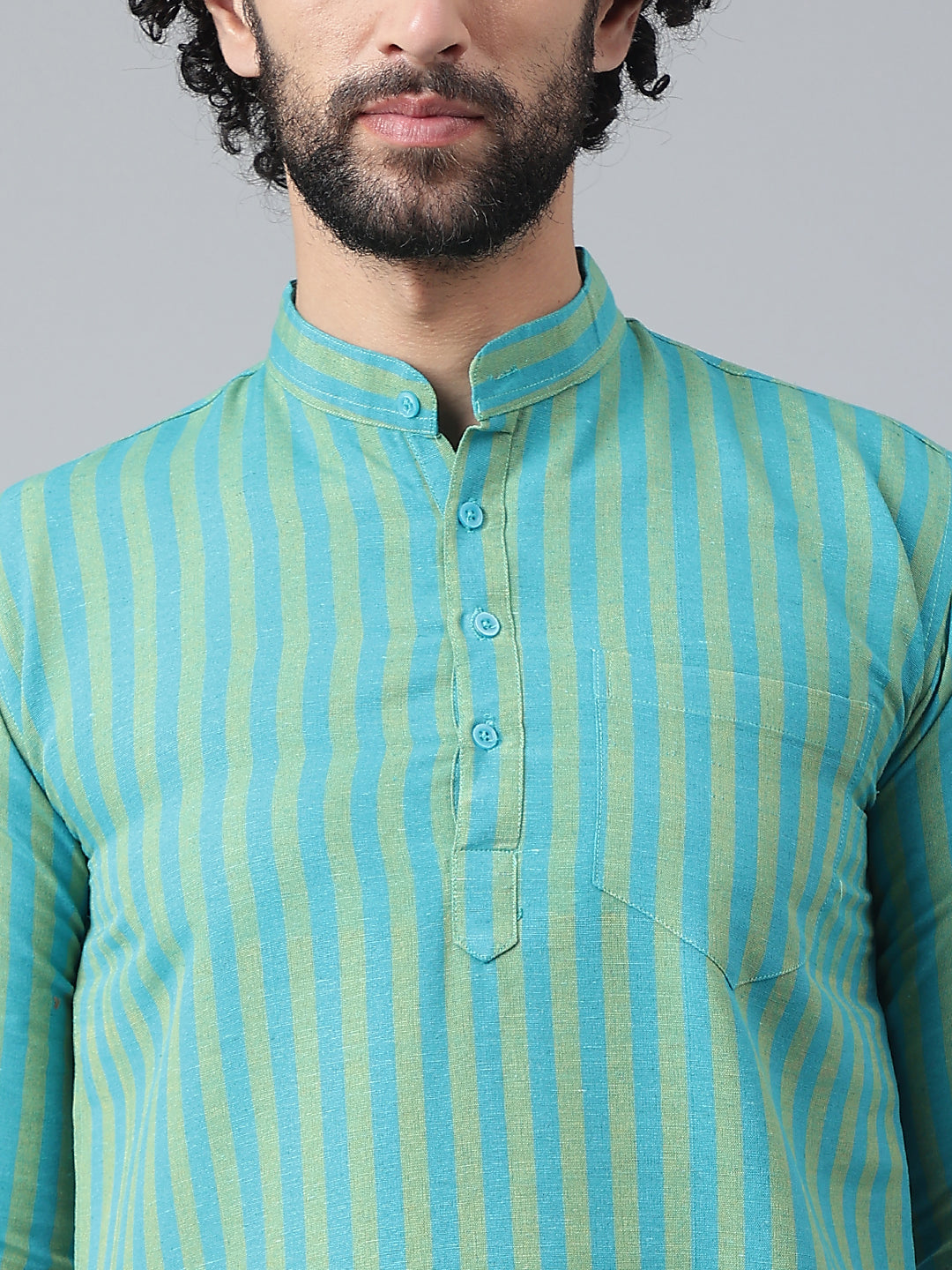 RIAG Blue Color Long Sleeves Casual Men's Cotton Short Kurta