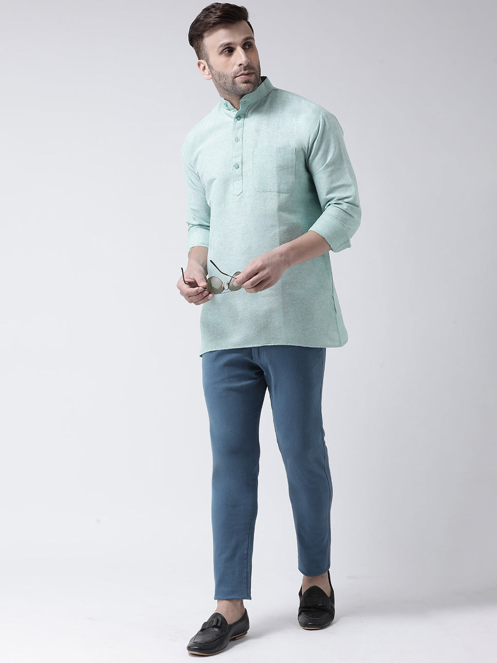 RIAG Green Color Long Sleeves Men's Cotton Short Kurta
