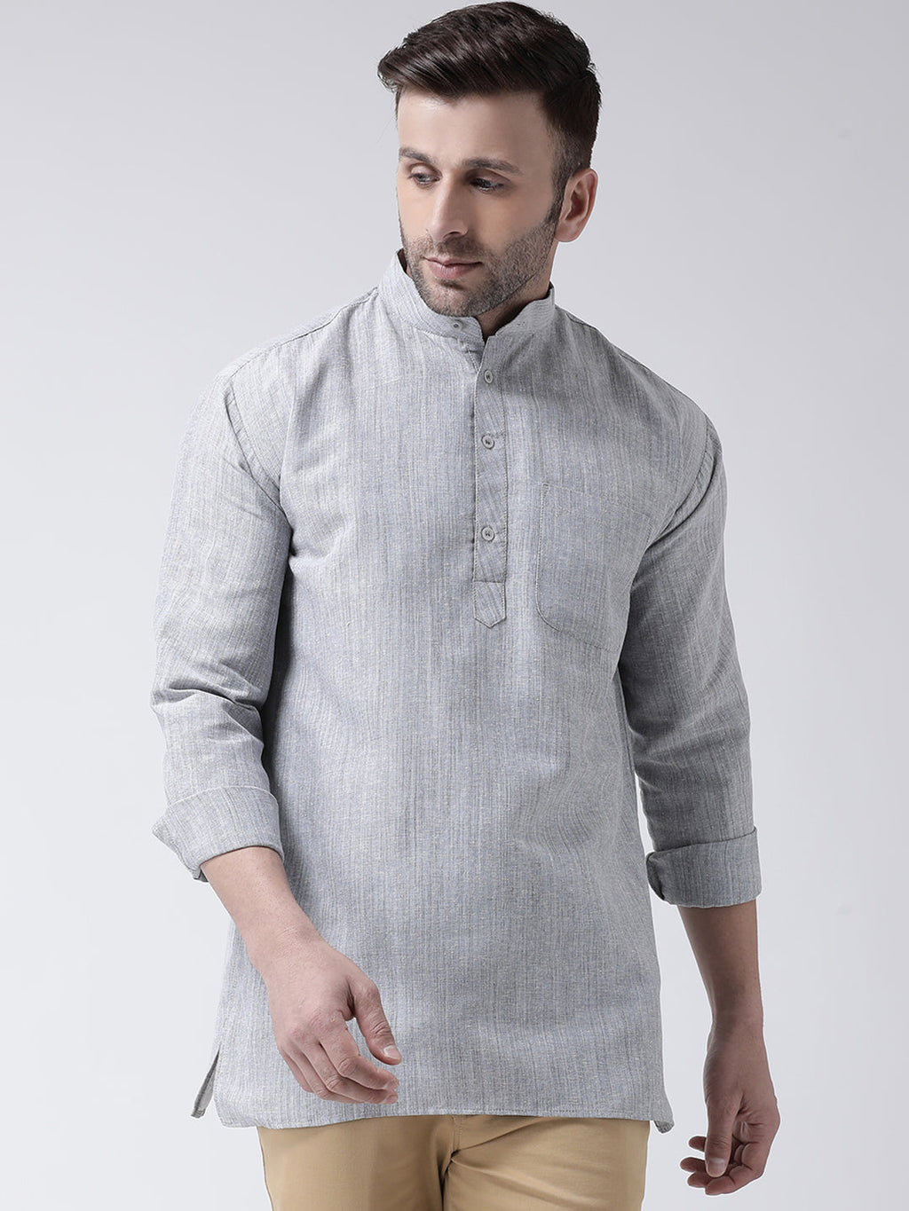 RIAG Grey Color Long Sleeves Men's Cotton Short Kurta