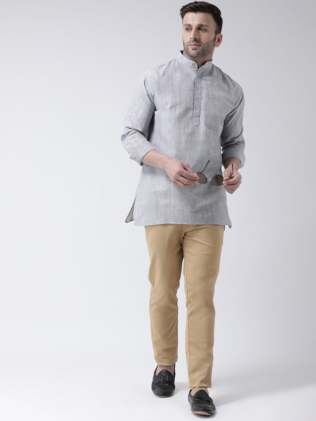 RIAG Grey Color Long Sleeves Men's Cotton Short Kurta