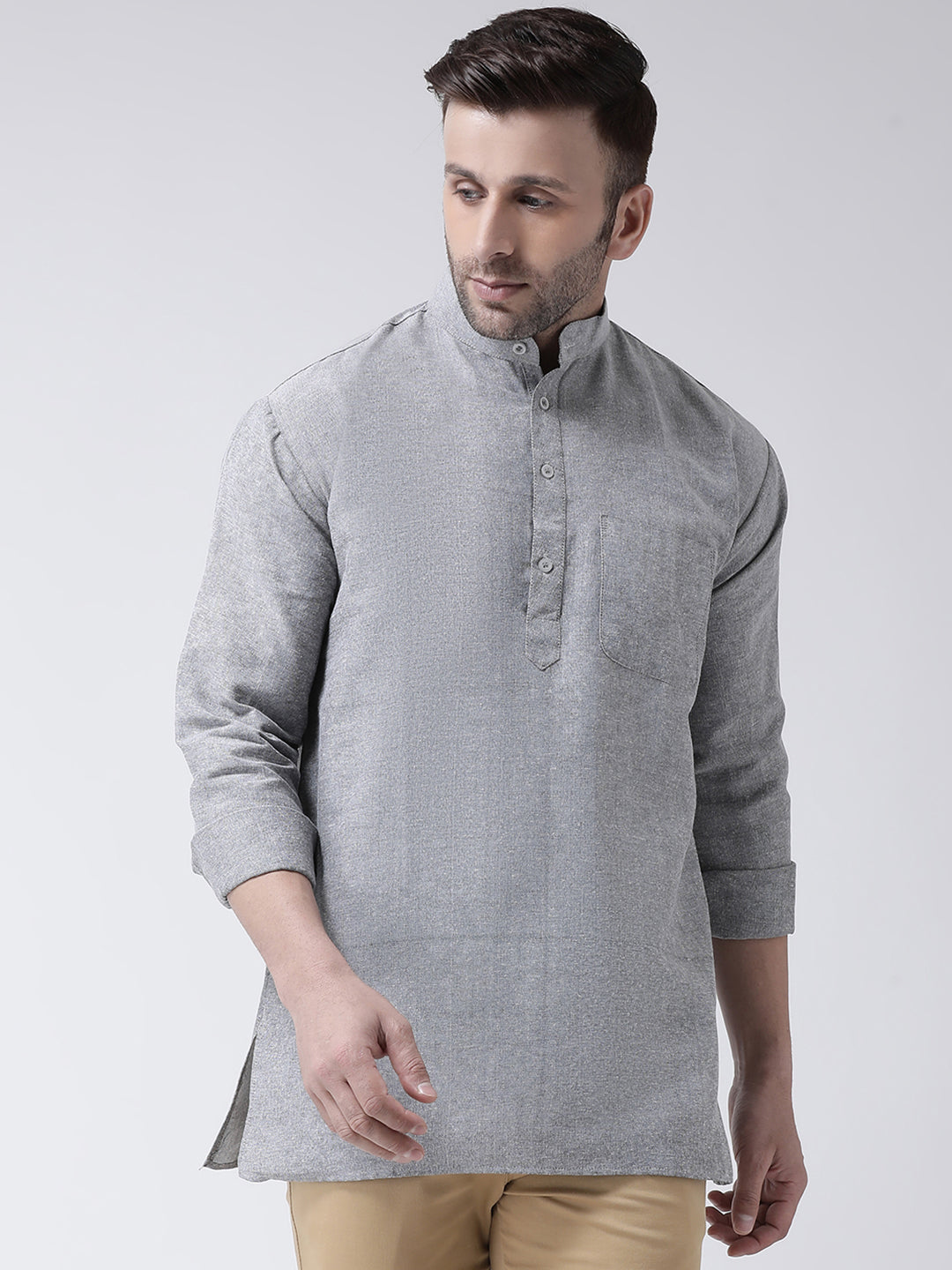 RIAG Grey Color Long Sleeves Men's Cotton Short Kurta