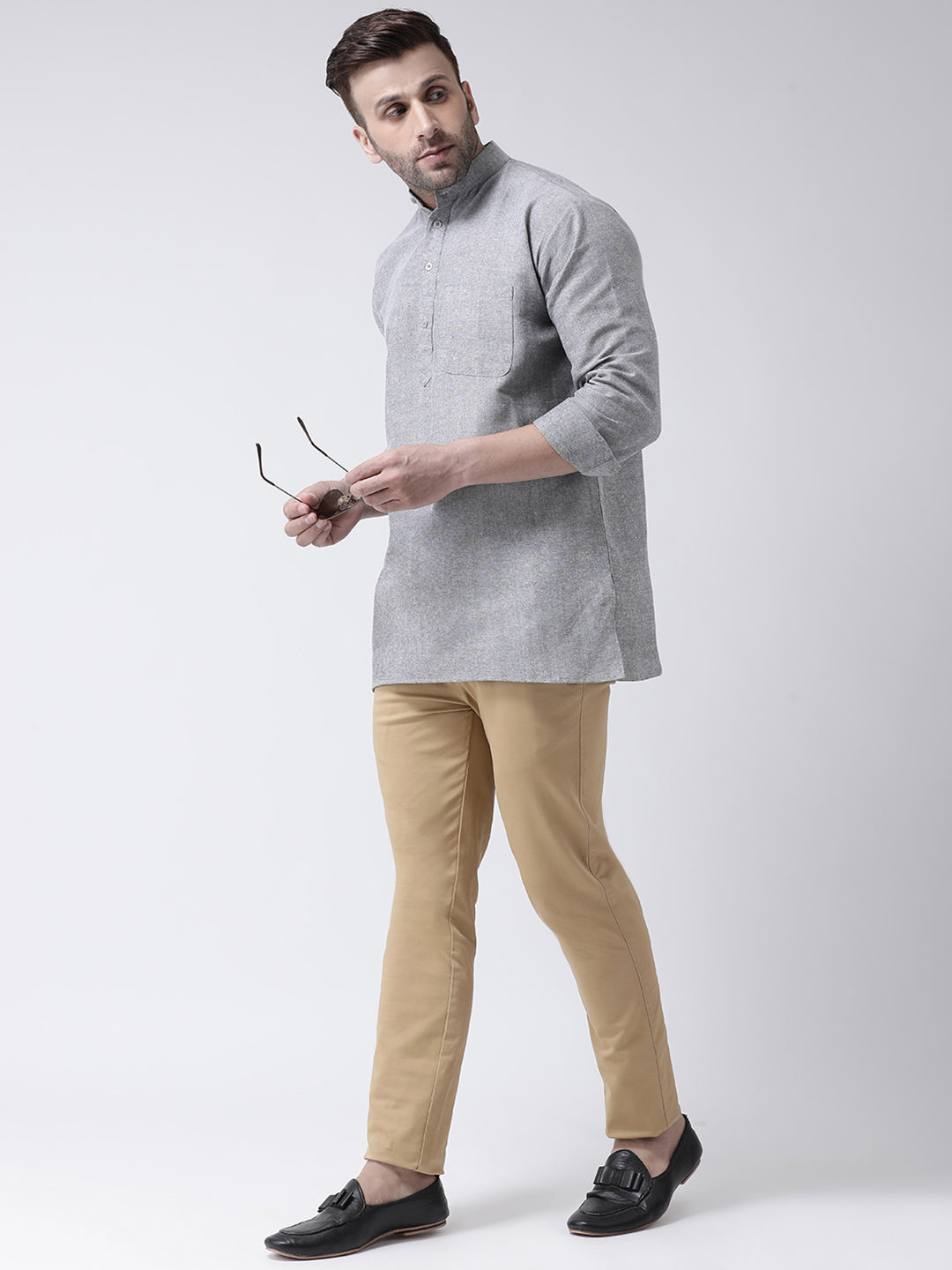 RIAG Grey Color Long Sleeves Men's Cotton Short Kurta
