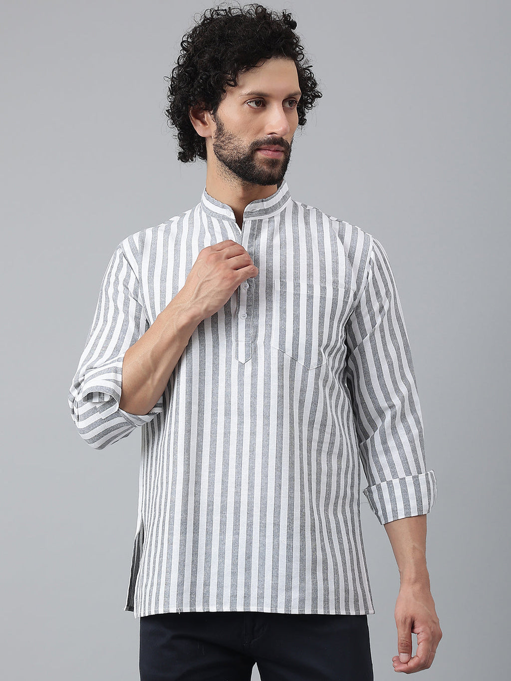 RIAG Grey Color Long Sleeves Casual Men's Cotton Short Kurta