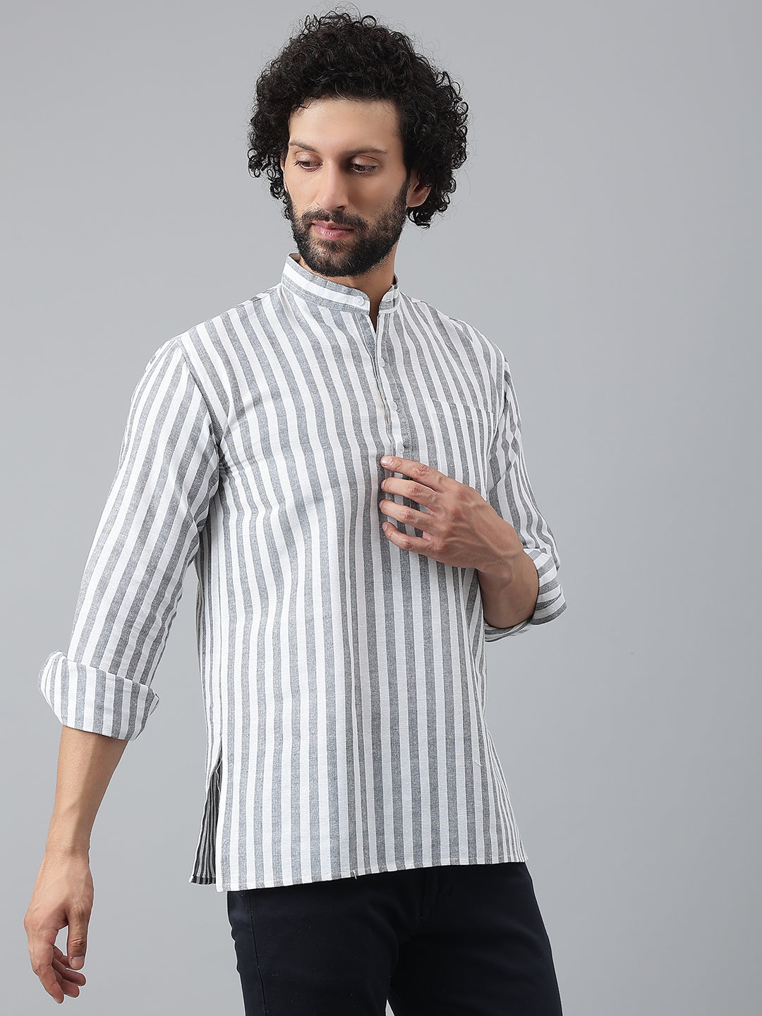 RIAG Grey Color Long Sleeves Casual Men's Cotton Short Kurta