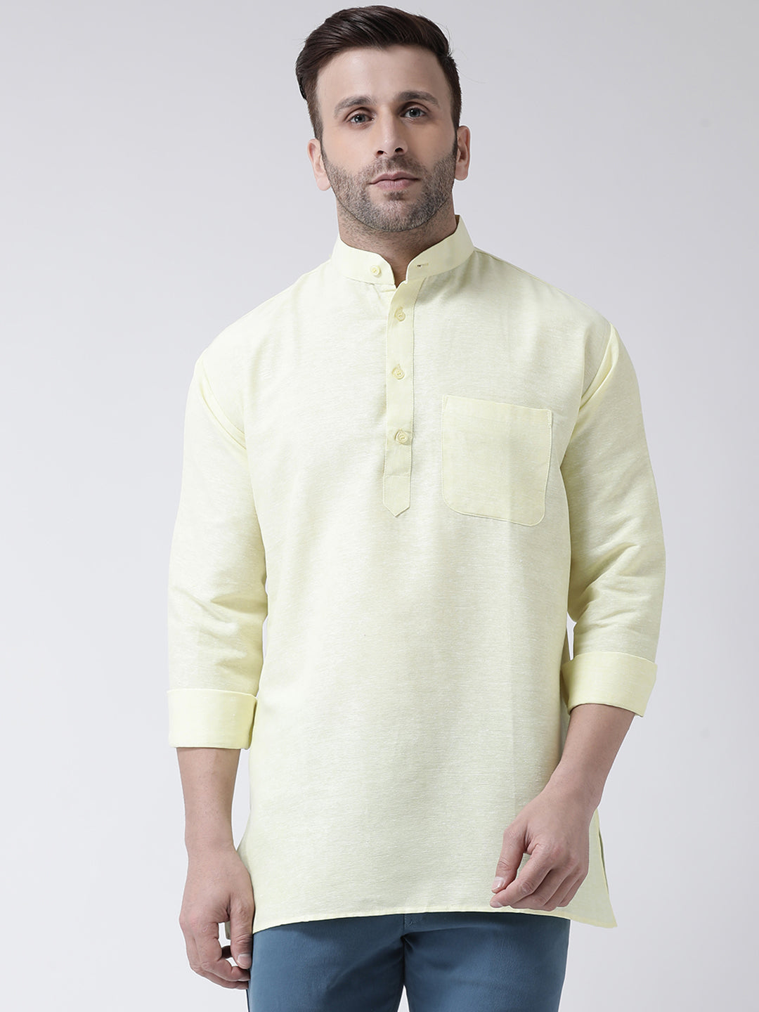 RIAG Yellow Color Long Sleeves Men's Cotton Short Kurta