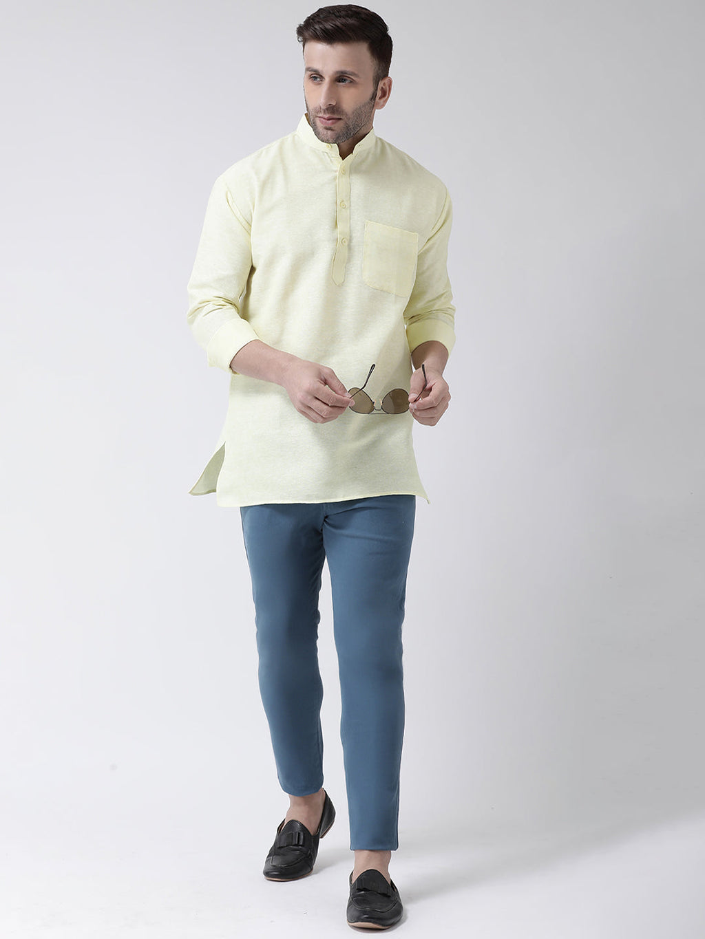 RIAG Yellow Color Long Sleeves Men's Cotton Short Kurta