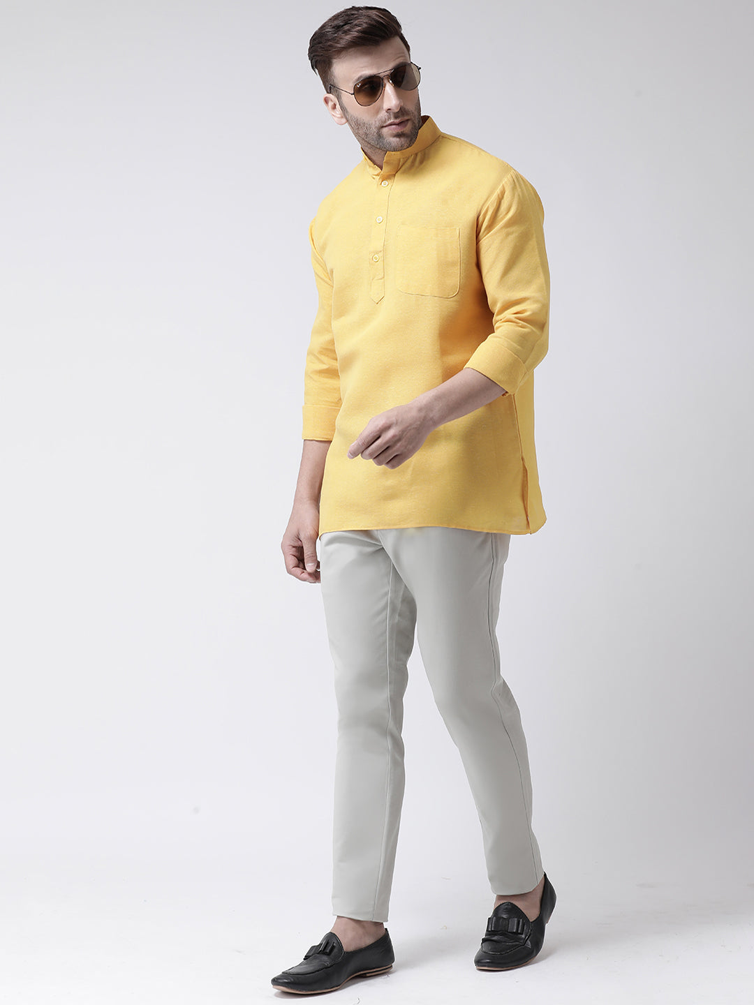RIAG Yellow Color Long Sleeves Men's Cotton Short Kurta