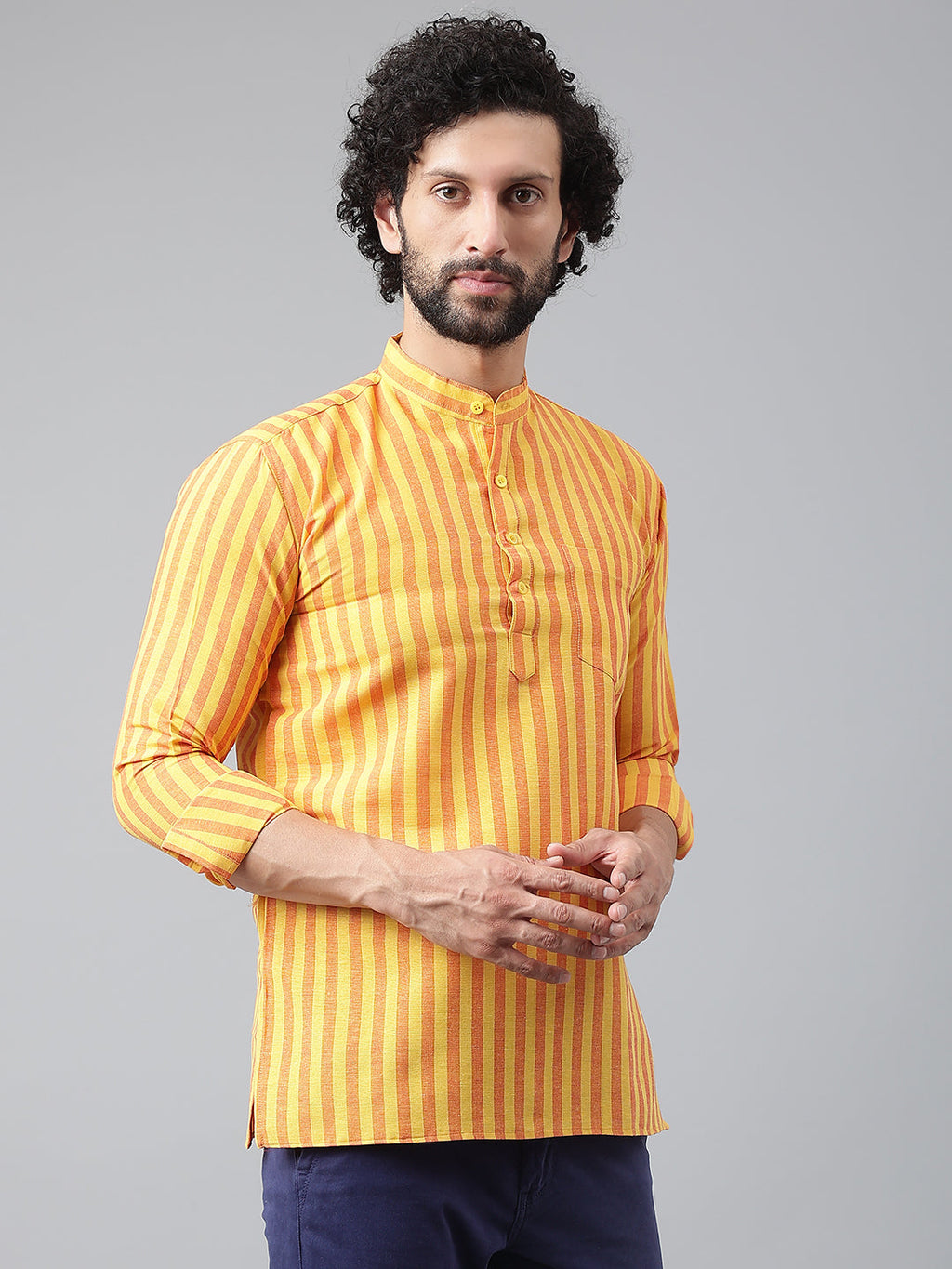 RIAG Yellow Color Long Sleeves Casual Men's Cotton Short Kurta