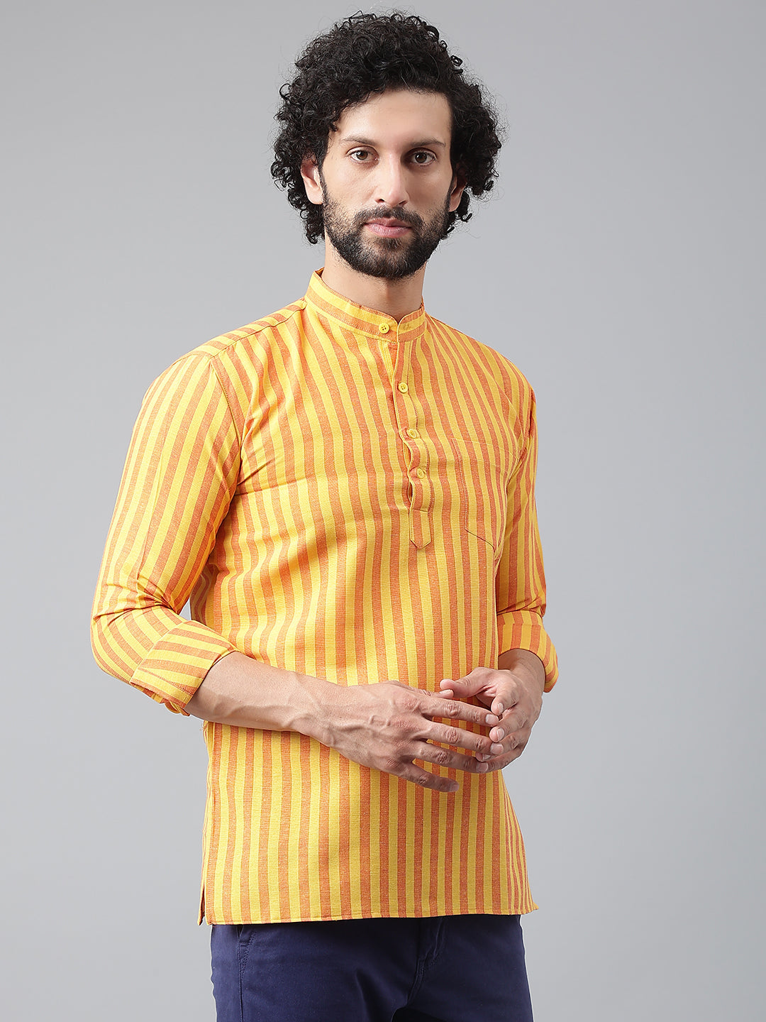 RIAG Yellow Color Long Sleeves Casual Men's Cotton Short Kurta