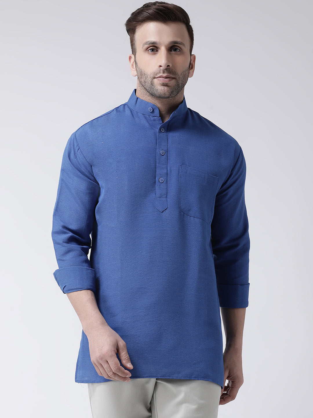 RIAG Navy Blue Color Long Sleeves Men's Cotton Short Kurta