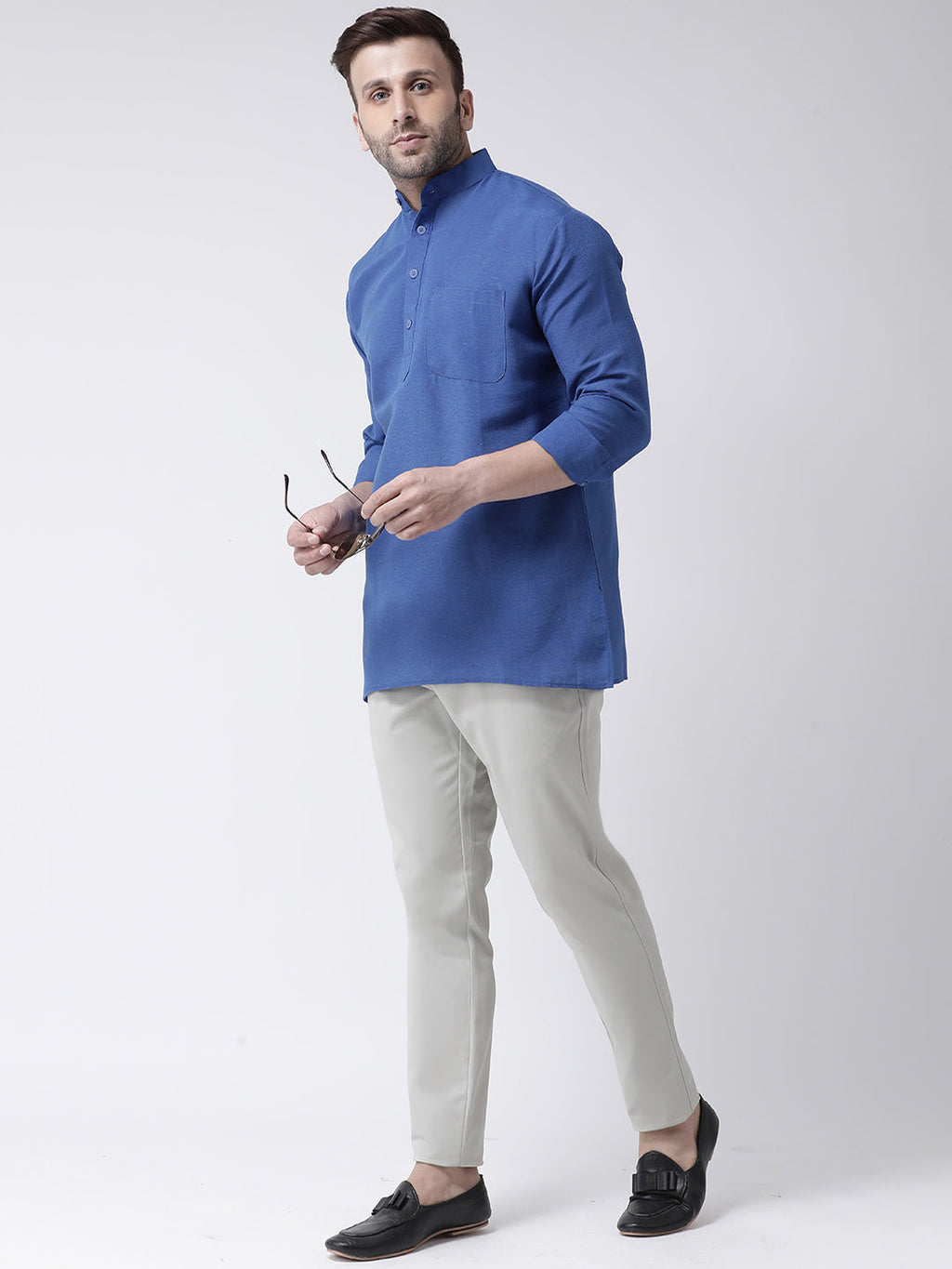 RIAG Navy Blue Color Long Sleeves Men's Cotton Short Kurta