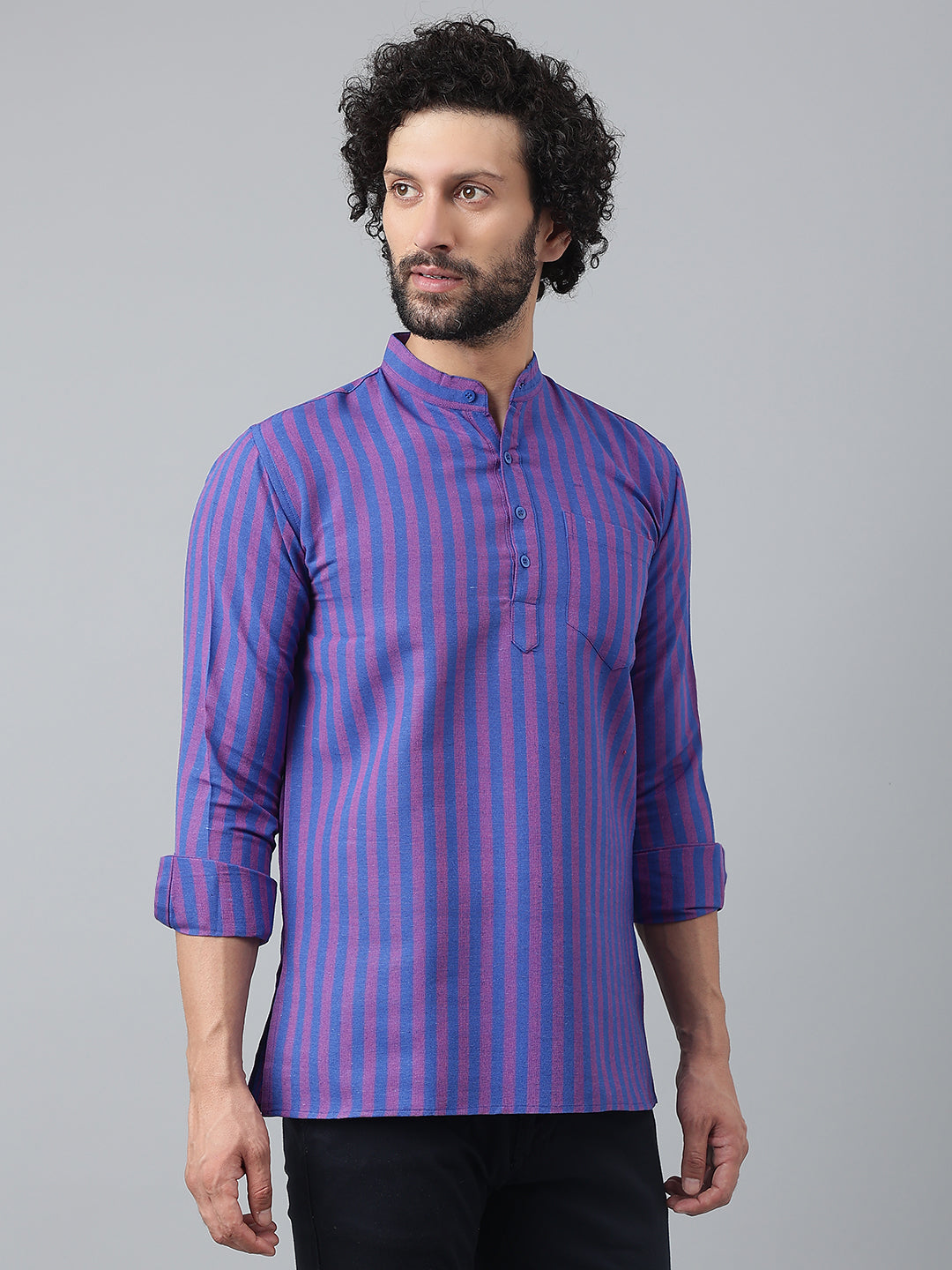 RIAG Navy Blue Color Long Sleeves Casual Men's Cotton Short Kurta