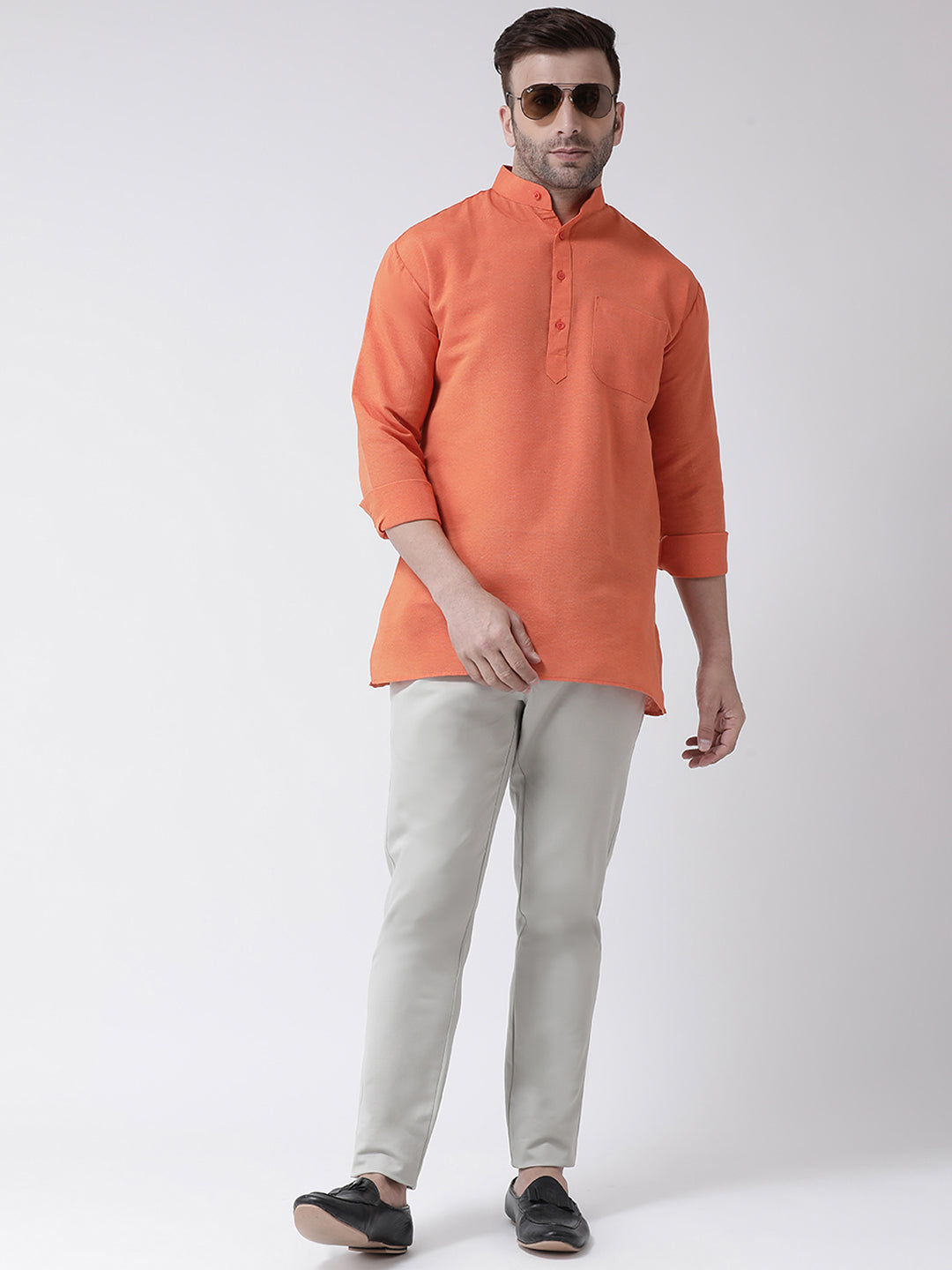 RIAG Orange Color Long Sleeves Men's Cotton Short Kurta