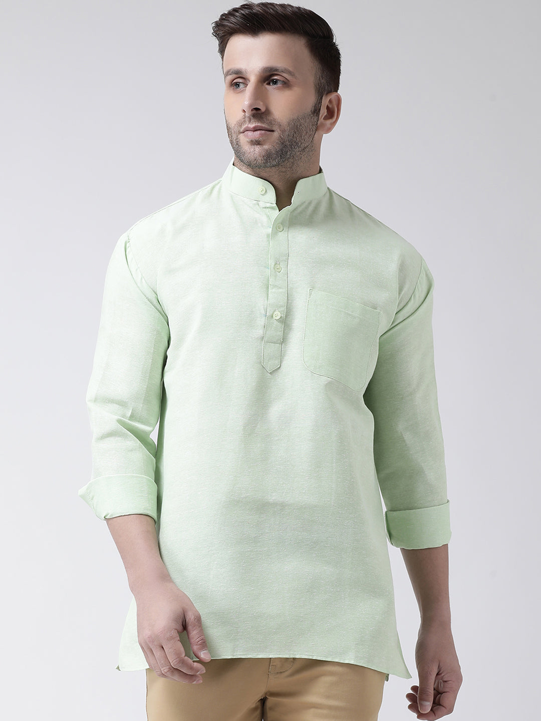 RIAG Green Color Long Sleeves Men's Cotton Short Kurta