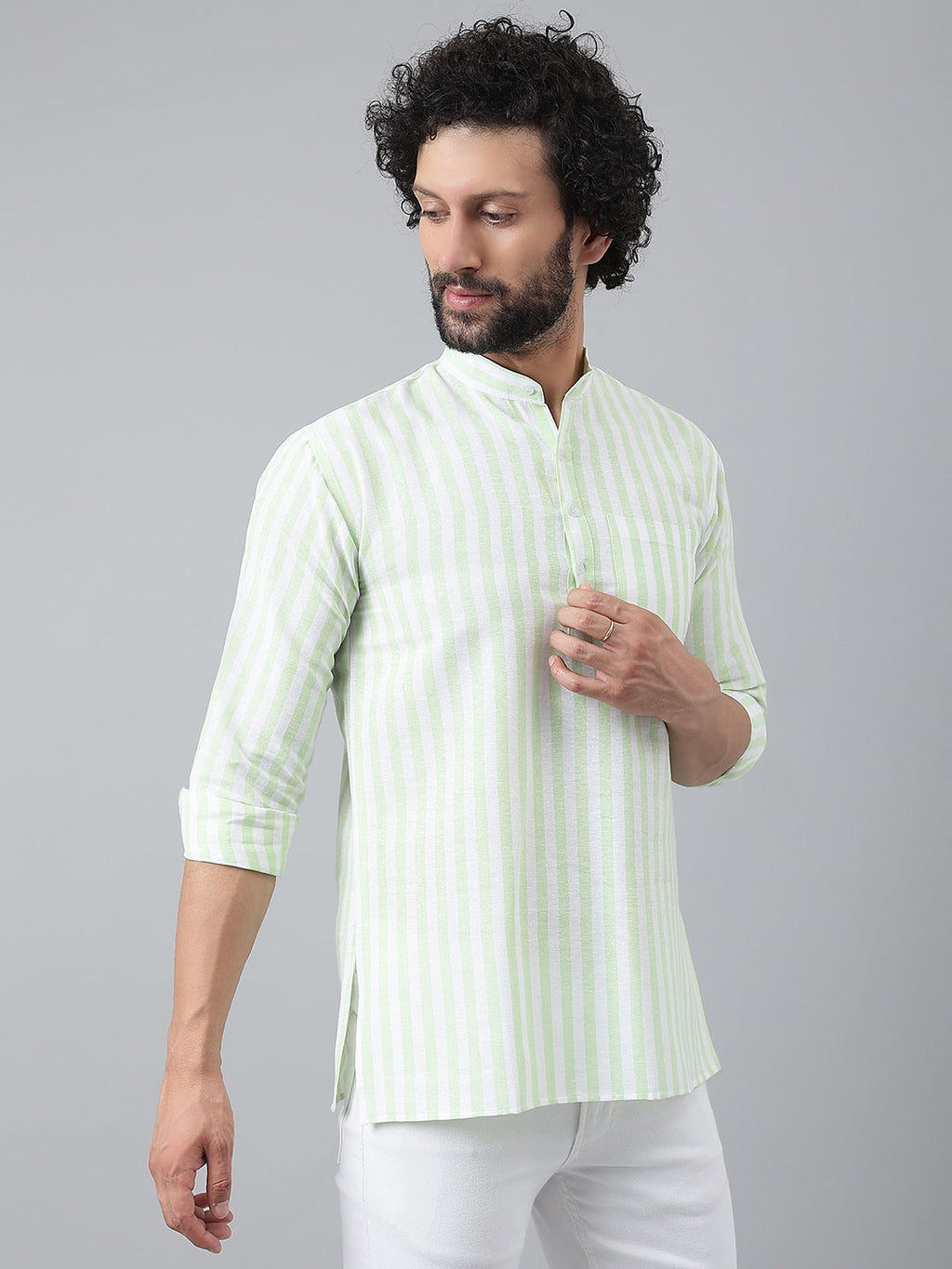 RIAG Green Color Long Sleeves Casual Men's Cotton Short Kurta