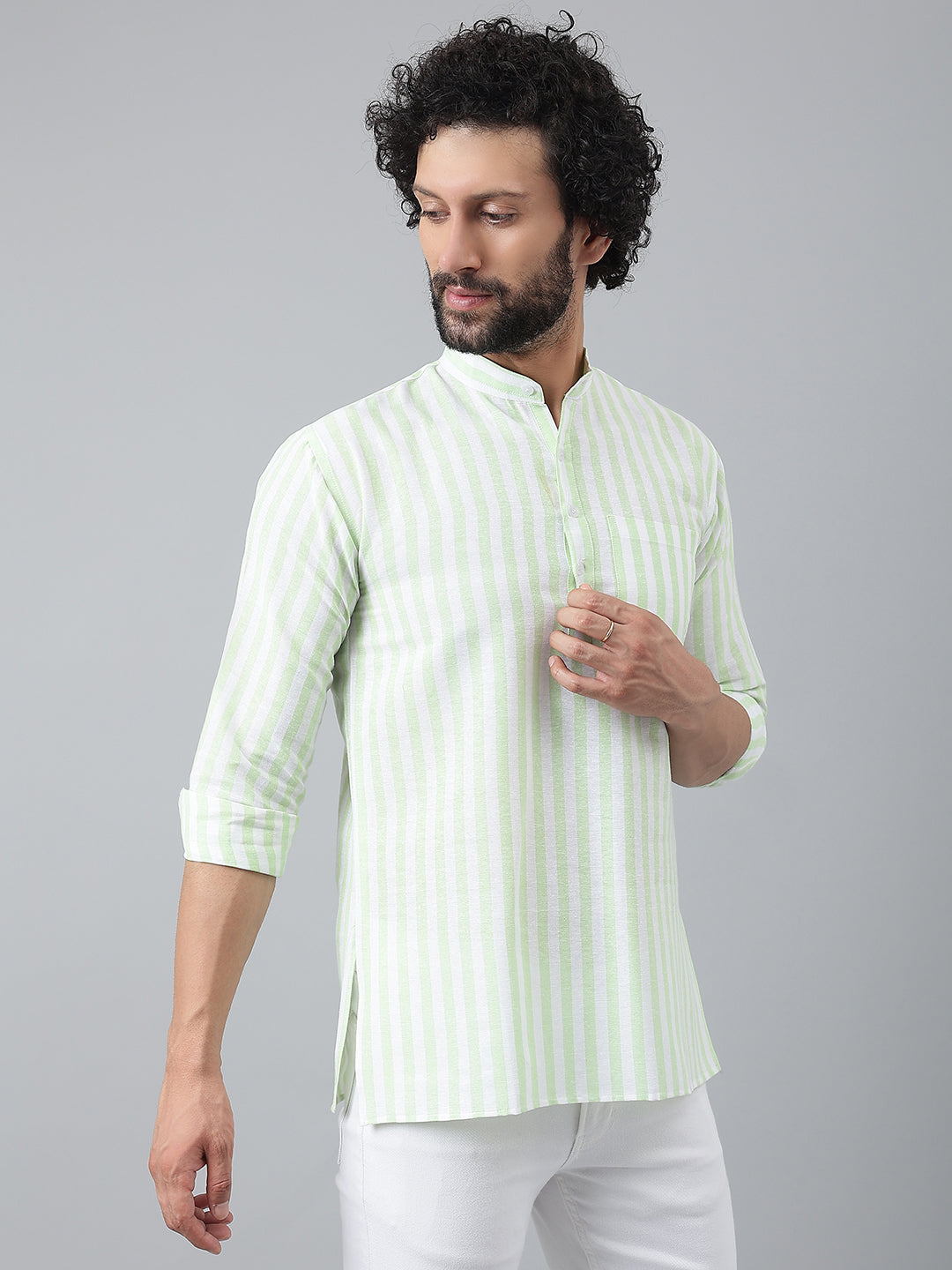 RIAG Green Color Long Sleeves Casual Men's Cotton Short Kurta